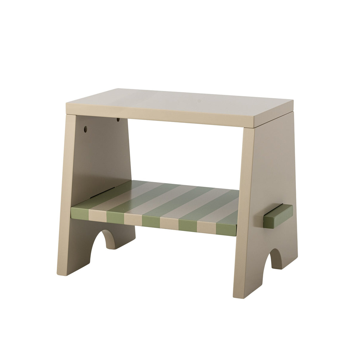 Liova Hocker von Bloomingville Mini aus lackiertem MDF, hellgelber Rahmen mit rosafarbenen Streifen auf der Sitzfläche, kleine Sitzgelegenheit.