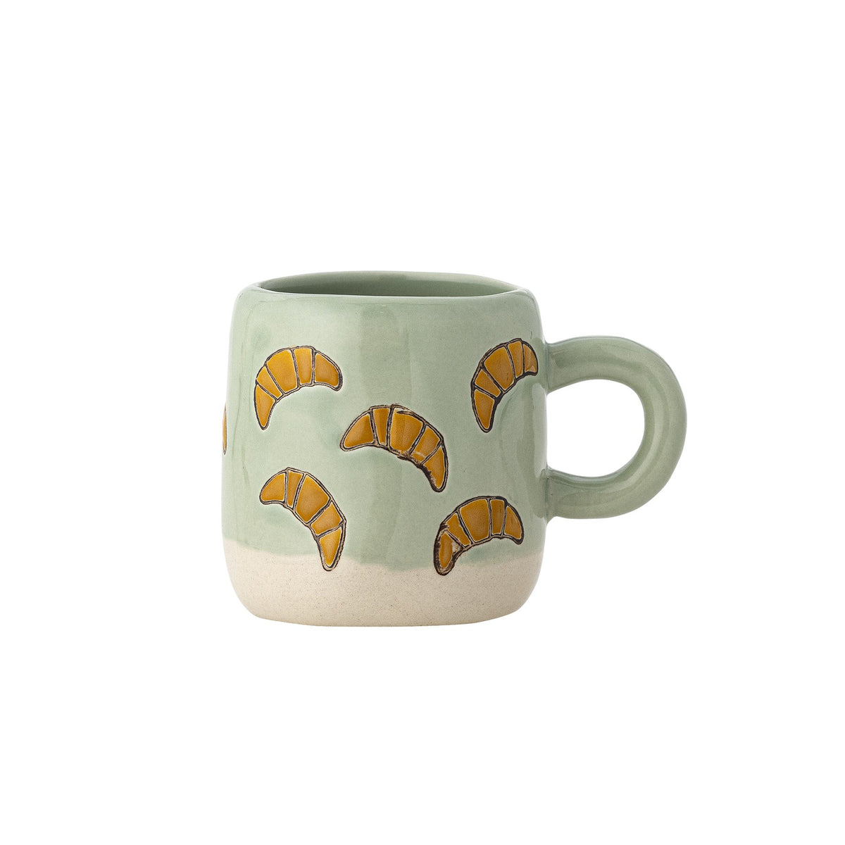 Millie Tasse von Bloomingville Mini aus Steingut, handbemalt mit Croissant-Motiven in Orange, Beige und Grün, kleine runde Form.