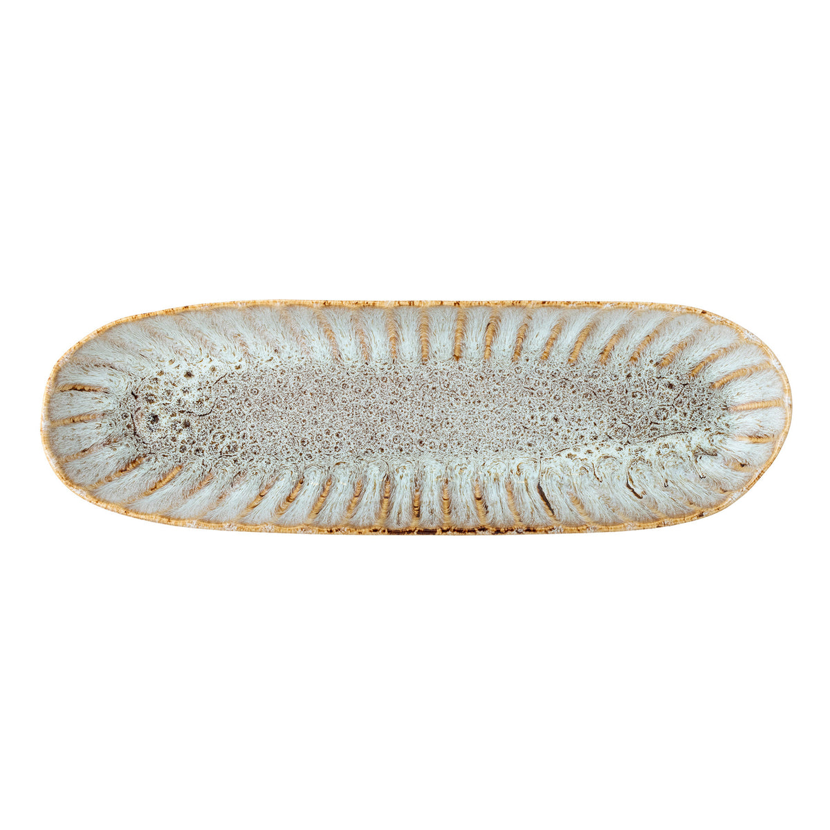 Längliche Servierplatte in Beige aus Steinzeug mit reaktiver Glasur, Fleur Serie von Creative Collection, Boho Chic Stil, für den Esstisch.