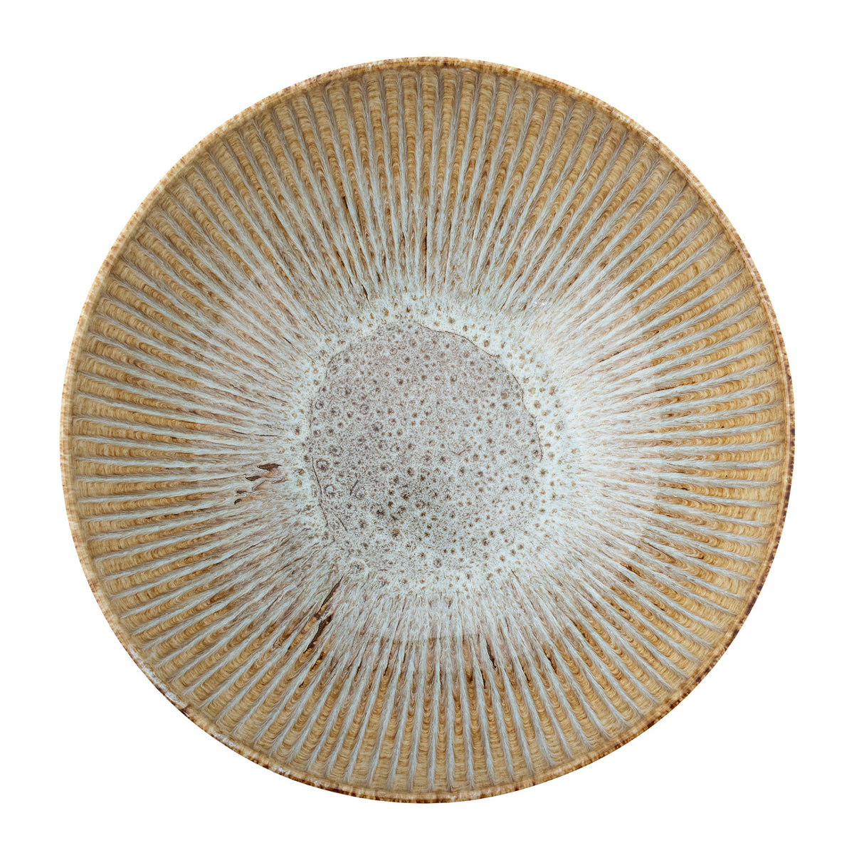 Runde Schale aus Steingut in Beige mit reaktiver Glasur, weiche Form, Serie Fleur von Creative Collection, auf hellem Hintergrund fotografiert