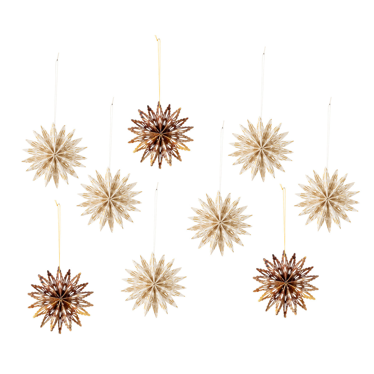 Neun beige Stern-Ornamente aus Papier von Bloomingville mit glänzender Polyesterschnur, Durchmesser 10 cm, zum Aufhängen an Zweig oder Weihnachtsbaum.