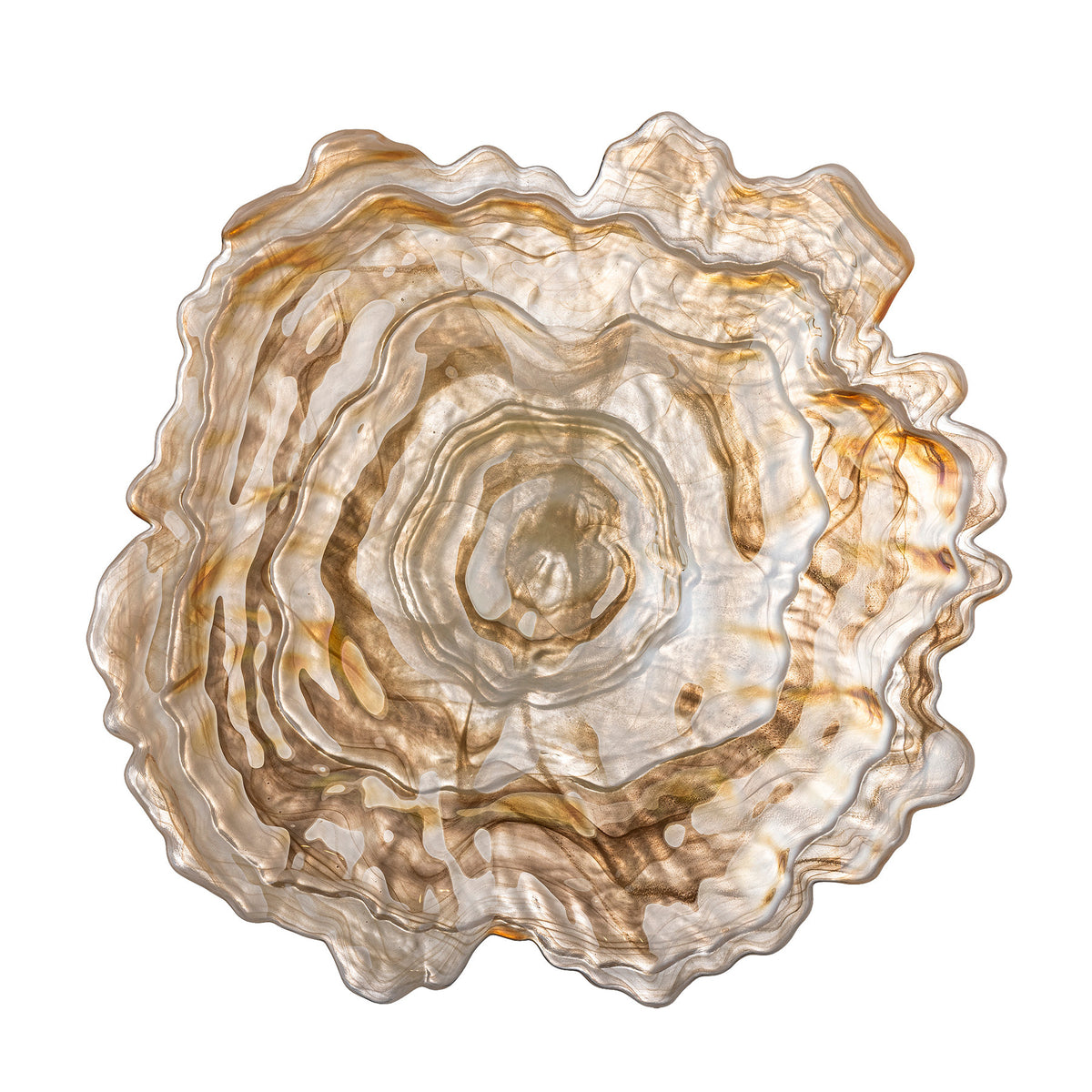 Asimi Schale, Beige, Glas von Bloomingville: runde Glasschale mit farbig besprühter, zart gewellter Oberfläche, Durchmesser 38 cm, Höhe 8.5 cm.
