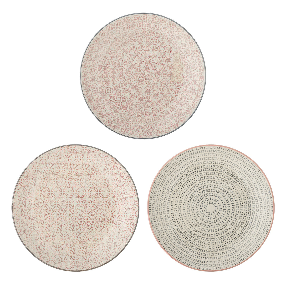 Drei runde Teller aus Steingut mit bunten, handgemalten Mustern in Rosé-, Beige- und Grautönen, Durchmesser 25 cm.