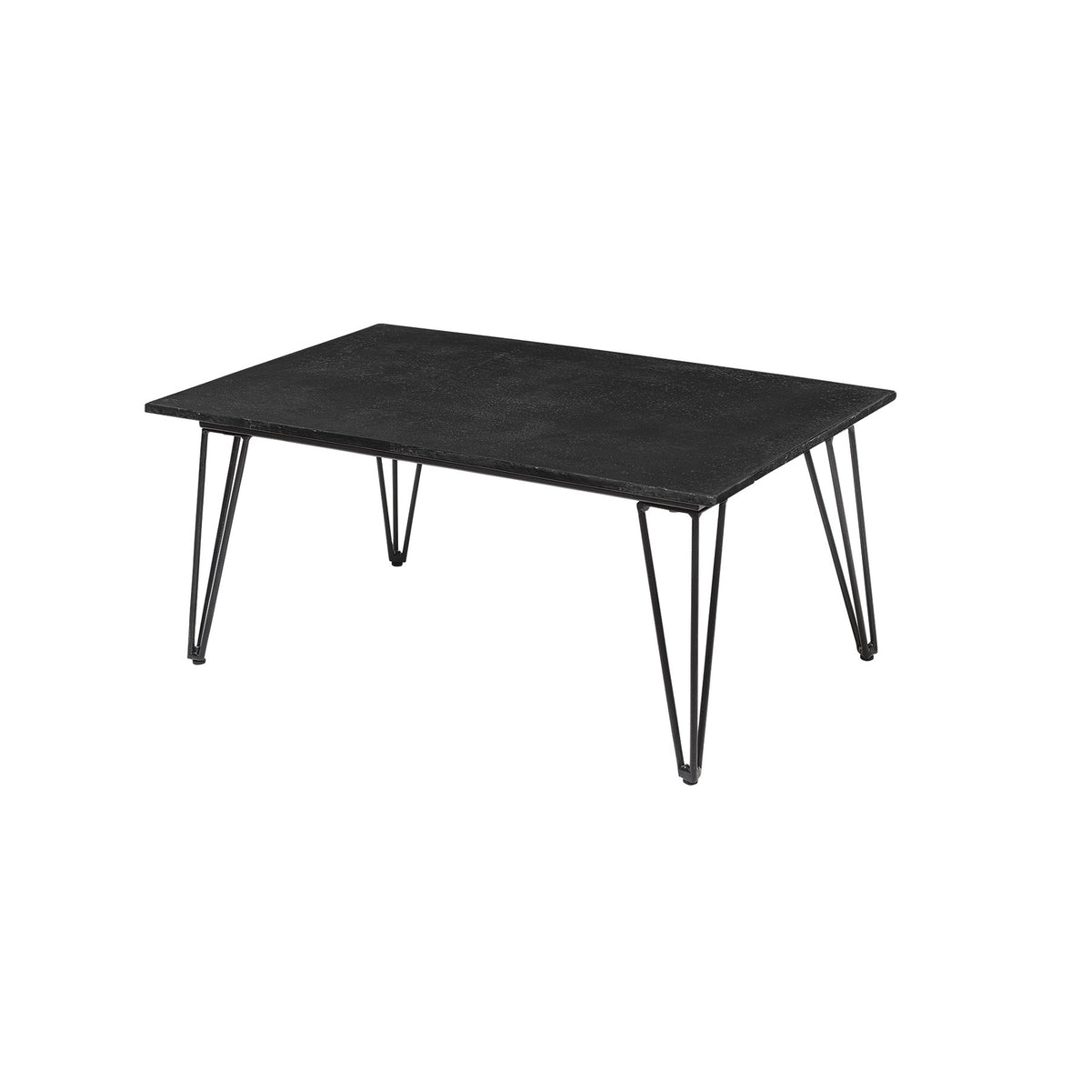 Schwarzer Mundo Couchtisch von Bloomingville aus Faserzement mit Eisenbeinen und länglicher Tischplatte für den Aussenbereich.