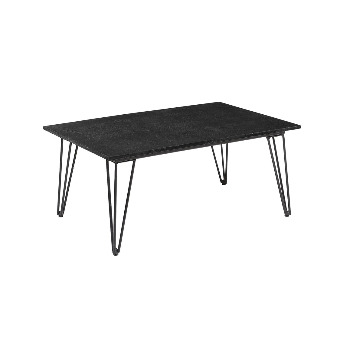 Schwarzer Mundo Couchtisch von Bloomingville aus Faserzement mit Eisenbeinen und länglicher Tischplatte für den Aussenbereich.