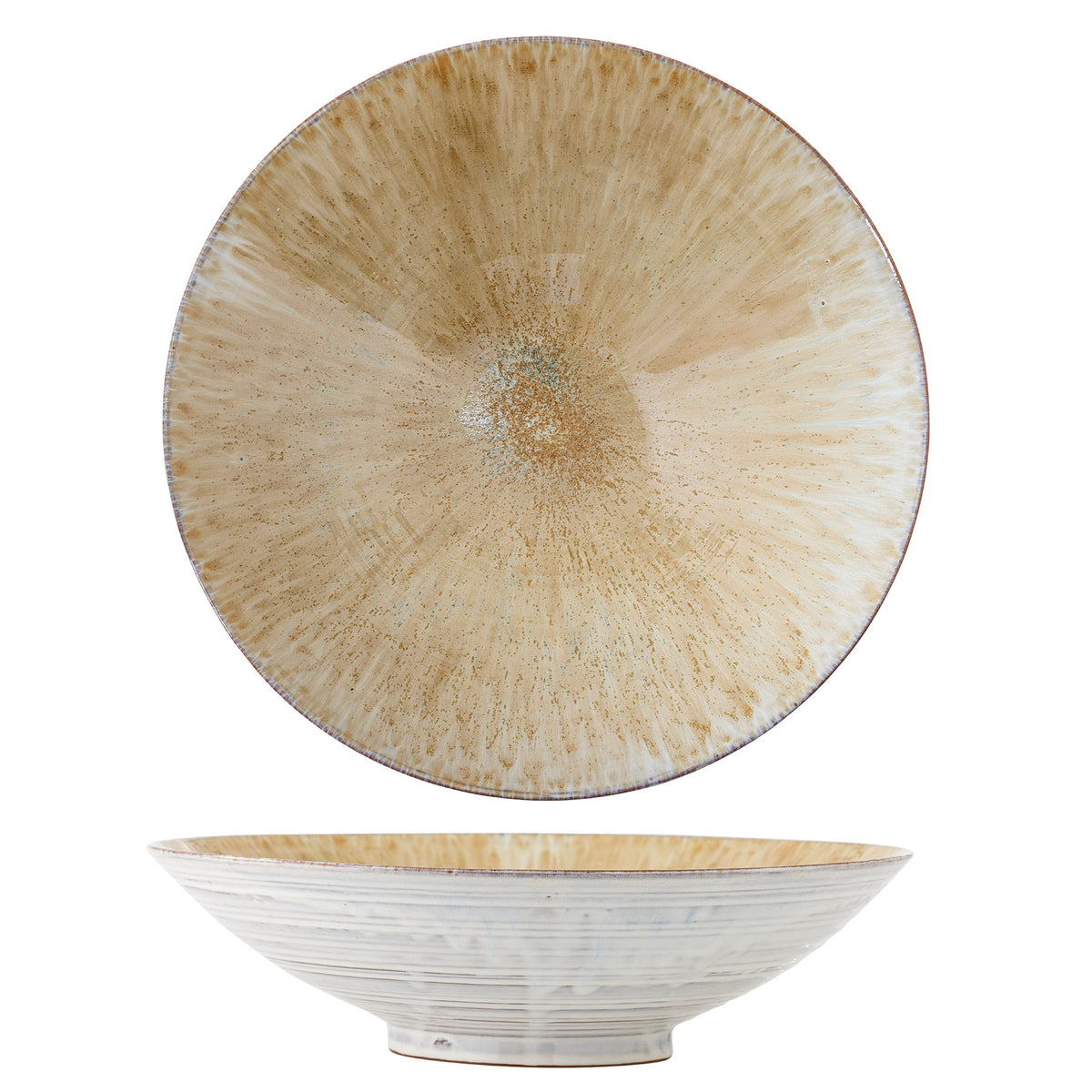 Runde Schale aus Steingut in Beige mit braunen und weissen Nuancen, gesprenkelter Glasur und strahlenförmigem Muster, Durchmesser 40 cm.