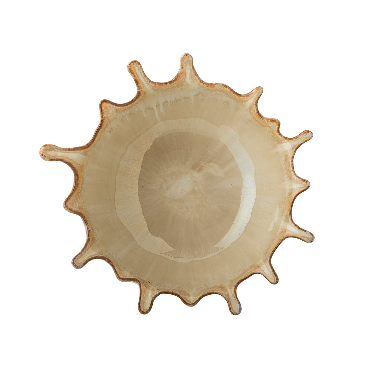 Beige Schale Alcott aus Steingut von Bloomingville mit charakteristischer Form und reaktiver Glasur, Ansicht von oben und seitlich.
