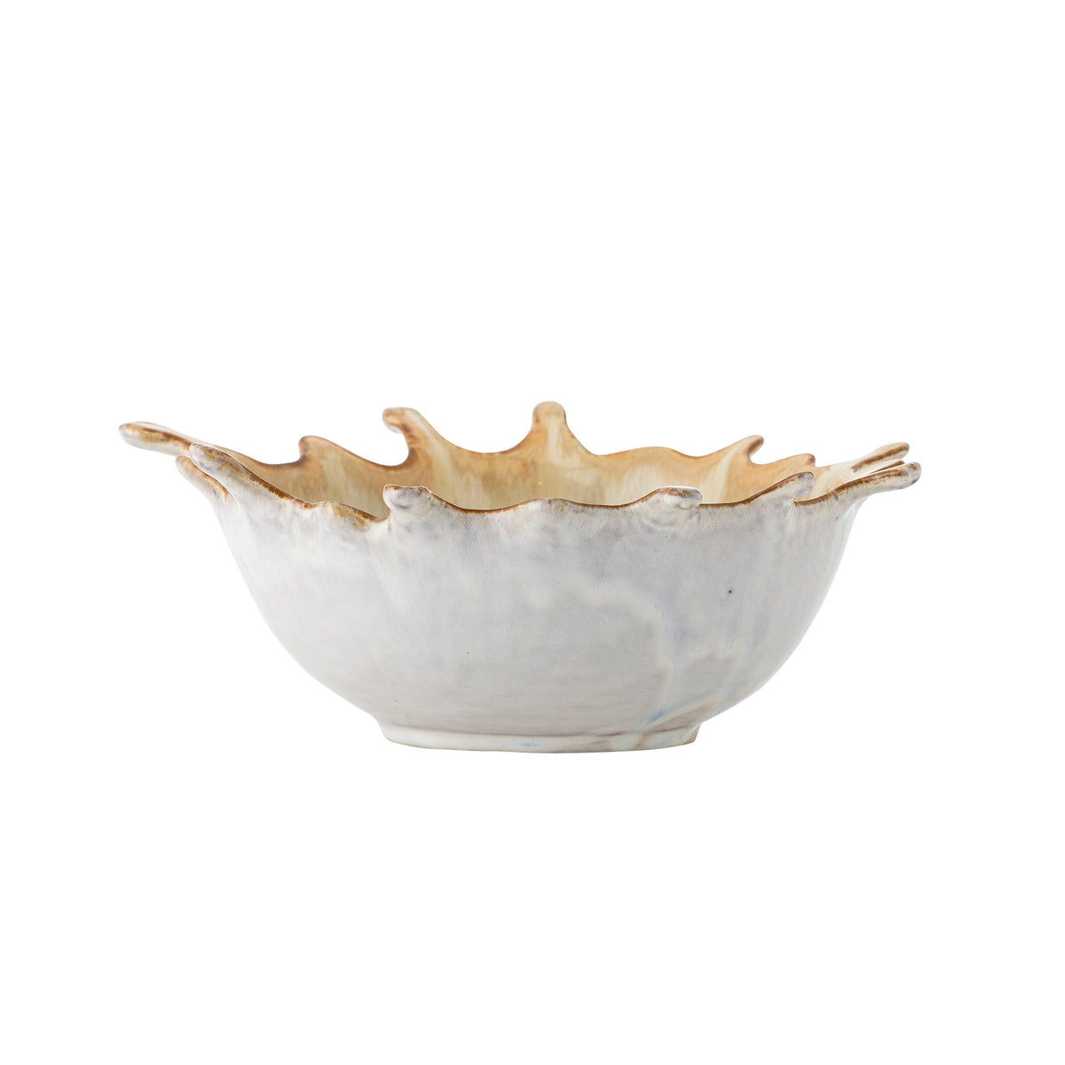 Beige Schale Alcott aus Steingut von Bloomingville mit charakteristischer Form und reaktiver Glasur, Ansicht von oben und seitlich.