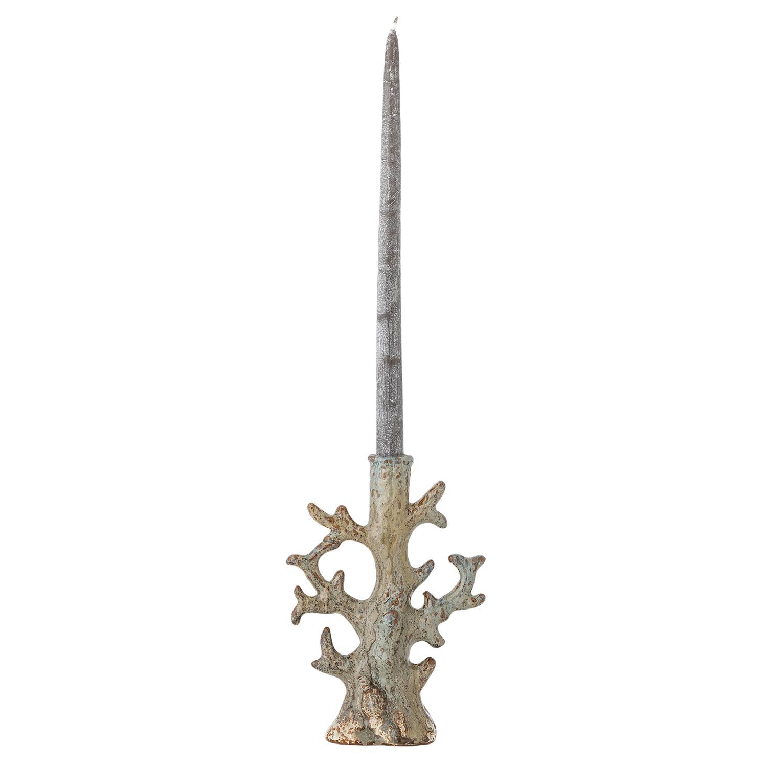 Der stilvolle Bridget Kerzenhalter aus grauem Steingut begeistert mit seiner geschwungenen Form und einzigartigen, reaktiven Glasur, die jedem Raum Eleganz verleiht.