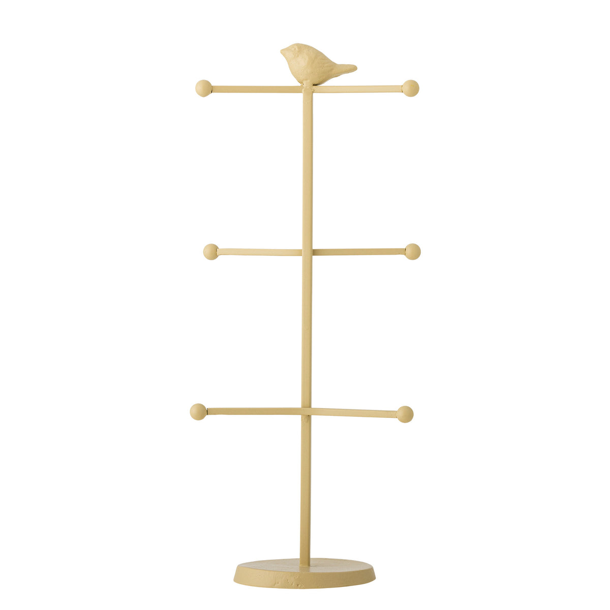 Tassenständer Dean in Beige aus Gusseisen und Eisen mit drei Querstäben zum Aufhängen von Tassen und kleiner Vogelfigur obenauf.