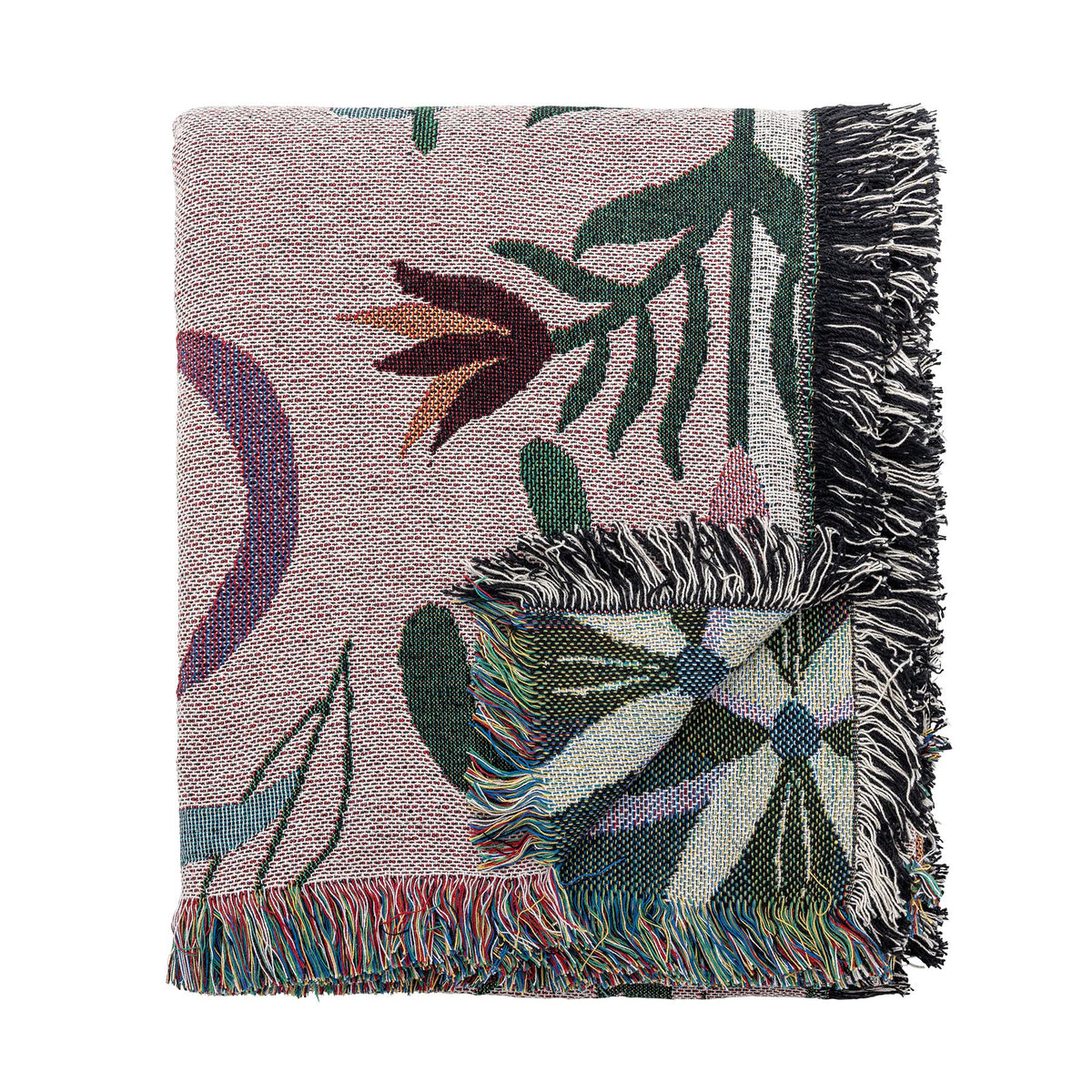 Gewebte Wolldecke Yash in Multi mit botanischem Muster auf beiden Seiten, Mischfasern aus Baumwolle, Polyester, Viskose und Wolle, mit bunten Fransen am Rand.