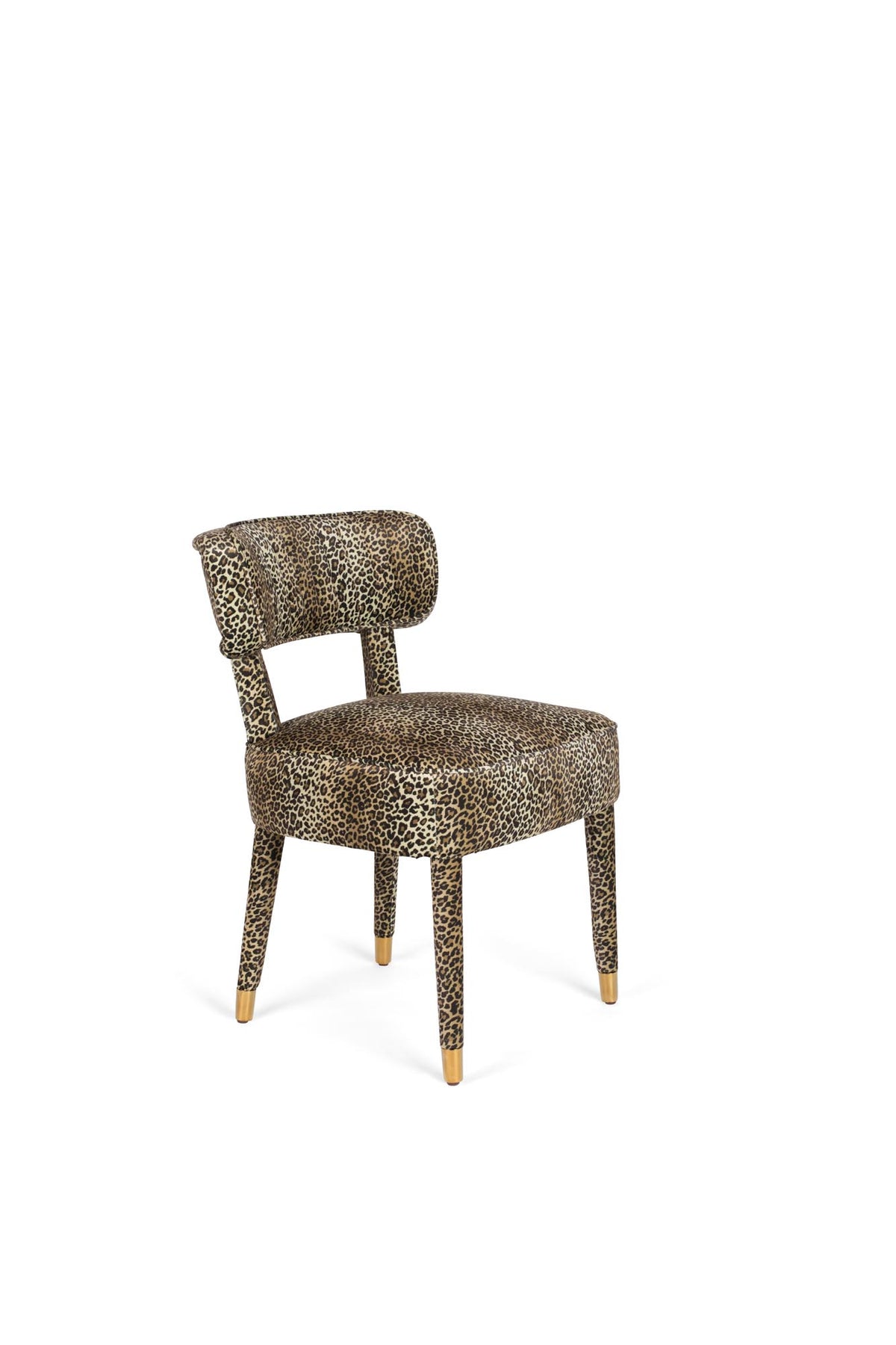 Esszimmerstuhl mit Pantherfell-Bezug aus Polyester, Holzrahmen mit Sperrholz, Beine aus Vollgummiholz mit goldfarbenen Stahlfüssen.