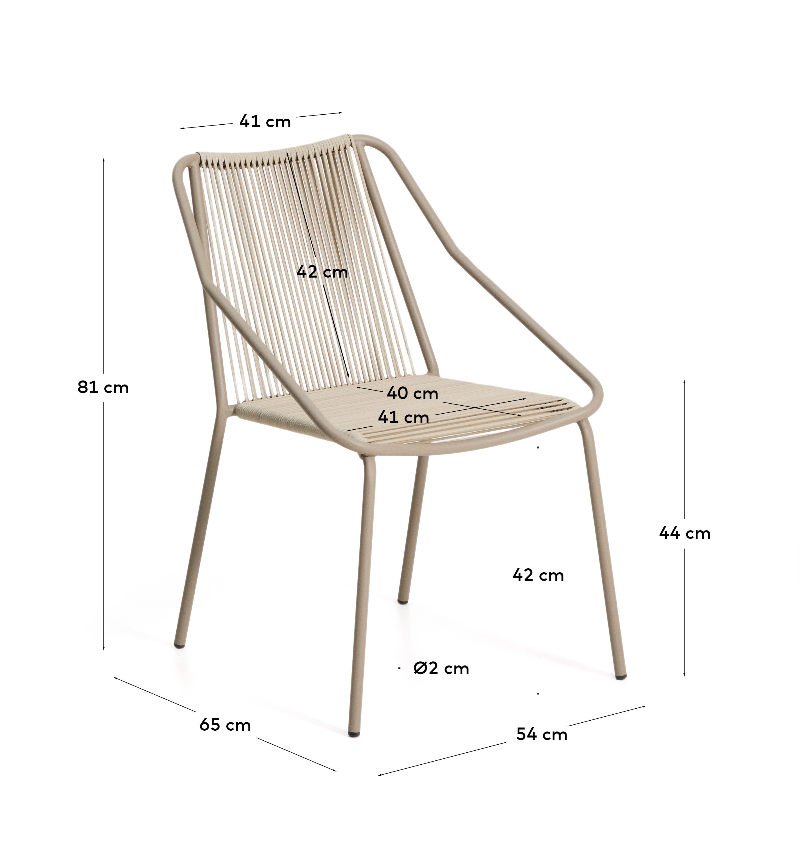 Outdoor-Stuhl Zivia aus écrufarbenem Seil und taupefarben verzinktem Stahl in Taupe präsentiert im Onlineshop von KAQTU Design AG. Gartenstuhl ist von Kave Home