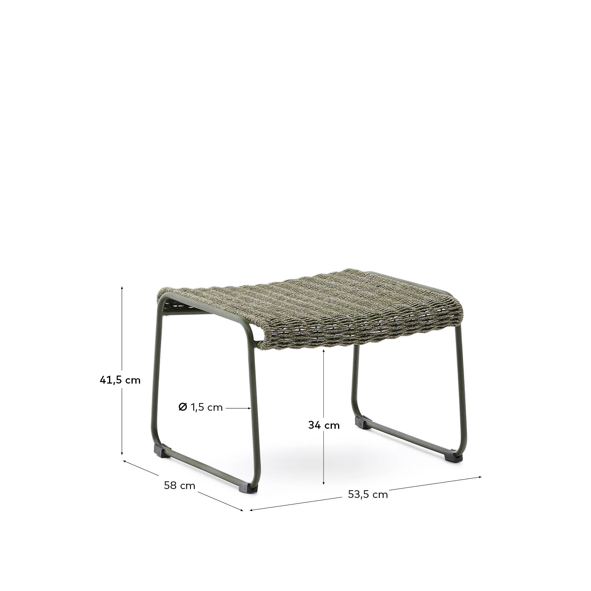 Die Maurina Fussablage (58 x 52,5 cm) aus grünem Stahl und UV-beständigem Seil vereint Stil und Funktionalität für Garten und Terrasse.