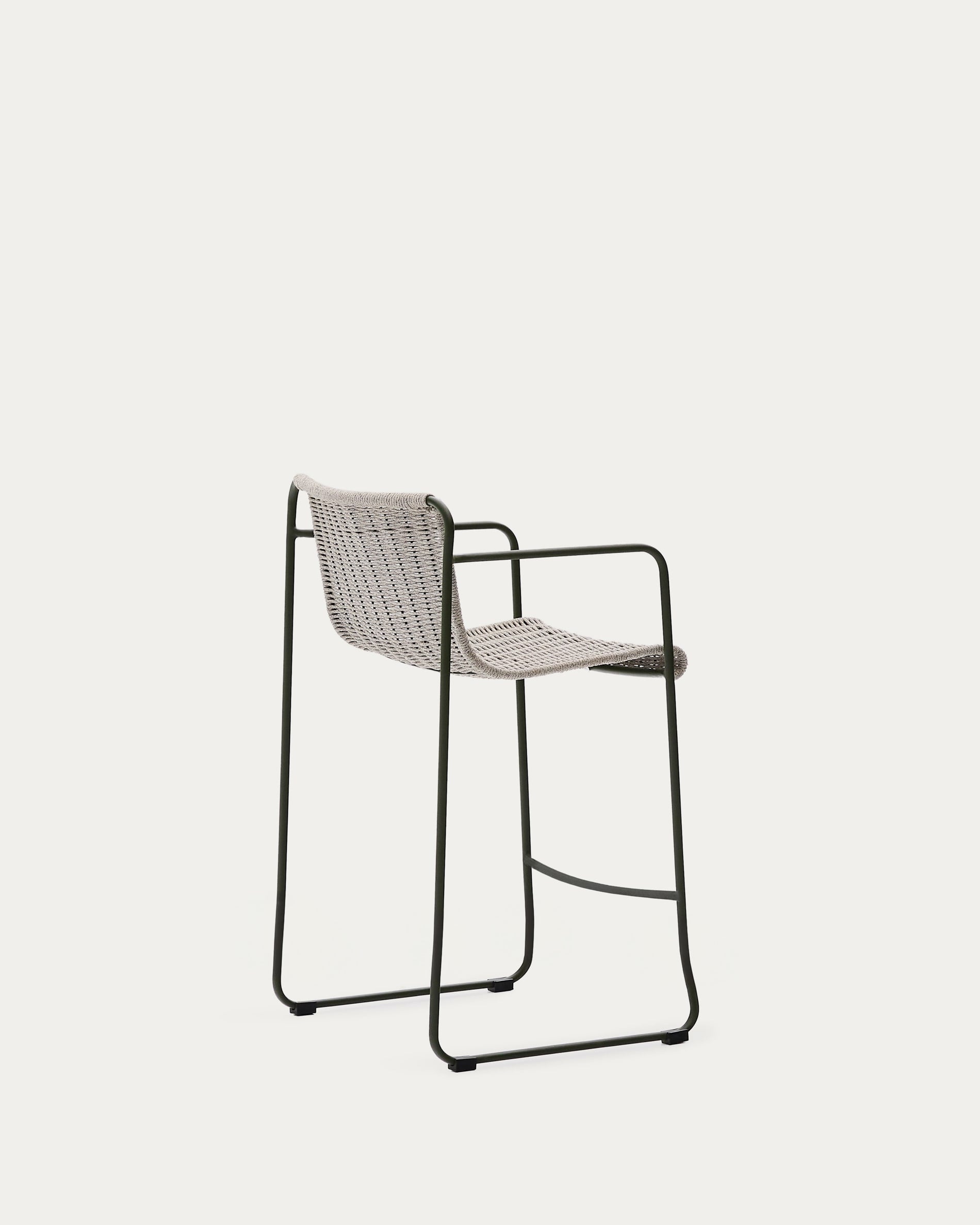 Moderner Hocker aus grünem Stahl, mit écrufarbenem und grauem Seil, 64,5 cm hoch, ideal für stilvolle Innenräume.