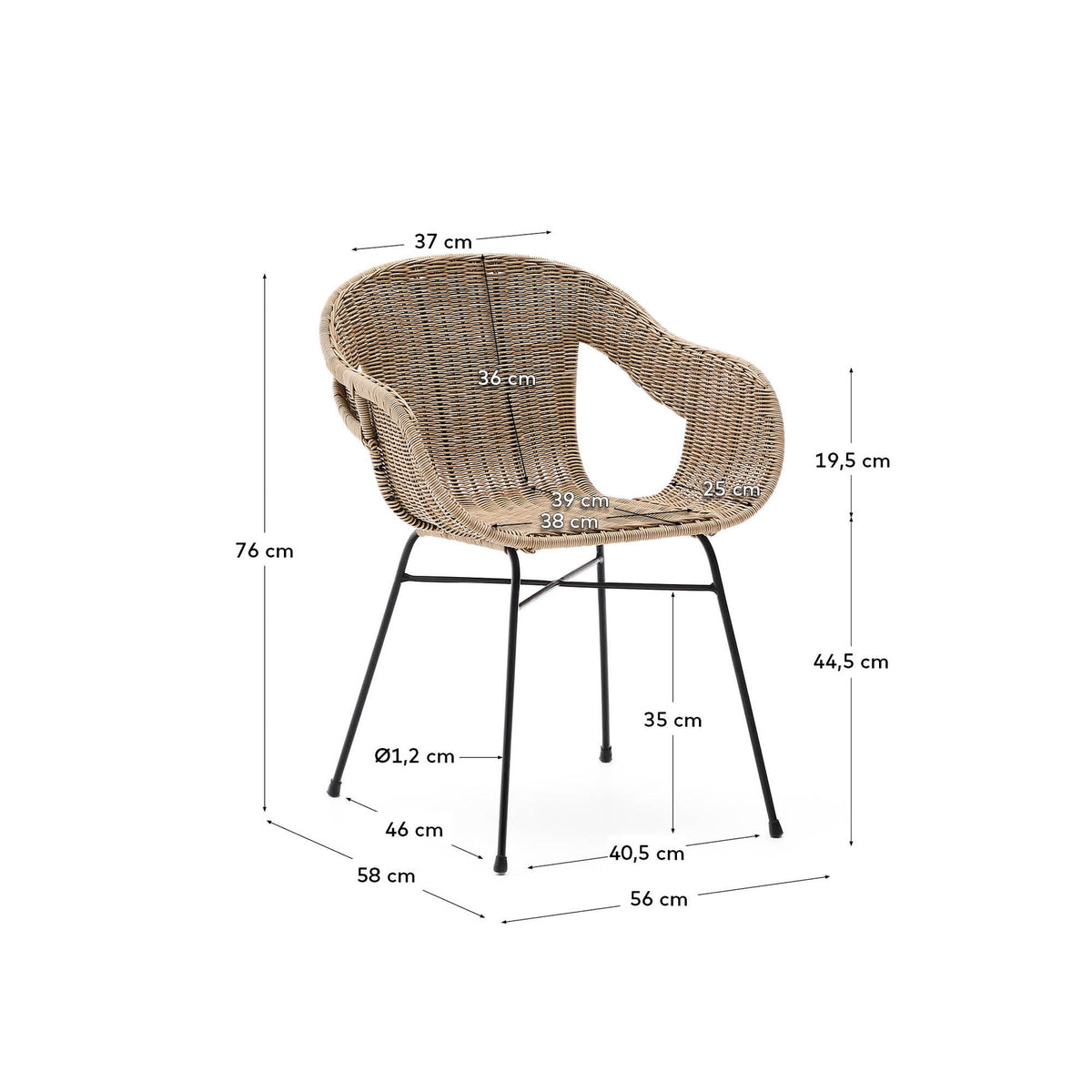 Stapelbarer Stuhl Eltiera aus synthetischem Rattan mit Gestell aus schwarzem Stahl in Hellbraun, Schwarz präsentiert im Onlineshop von KAQTU Design AG. Gartenstuhl mit Armlehnen ist von Kave Home