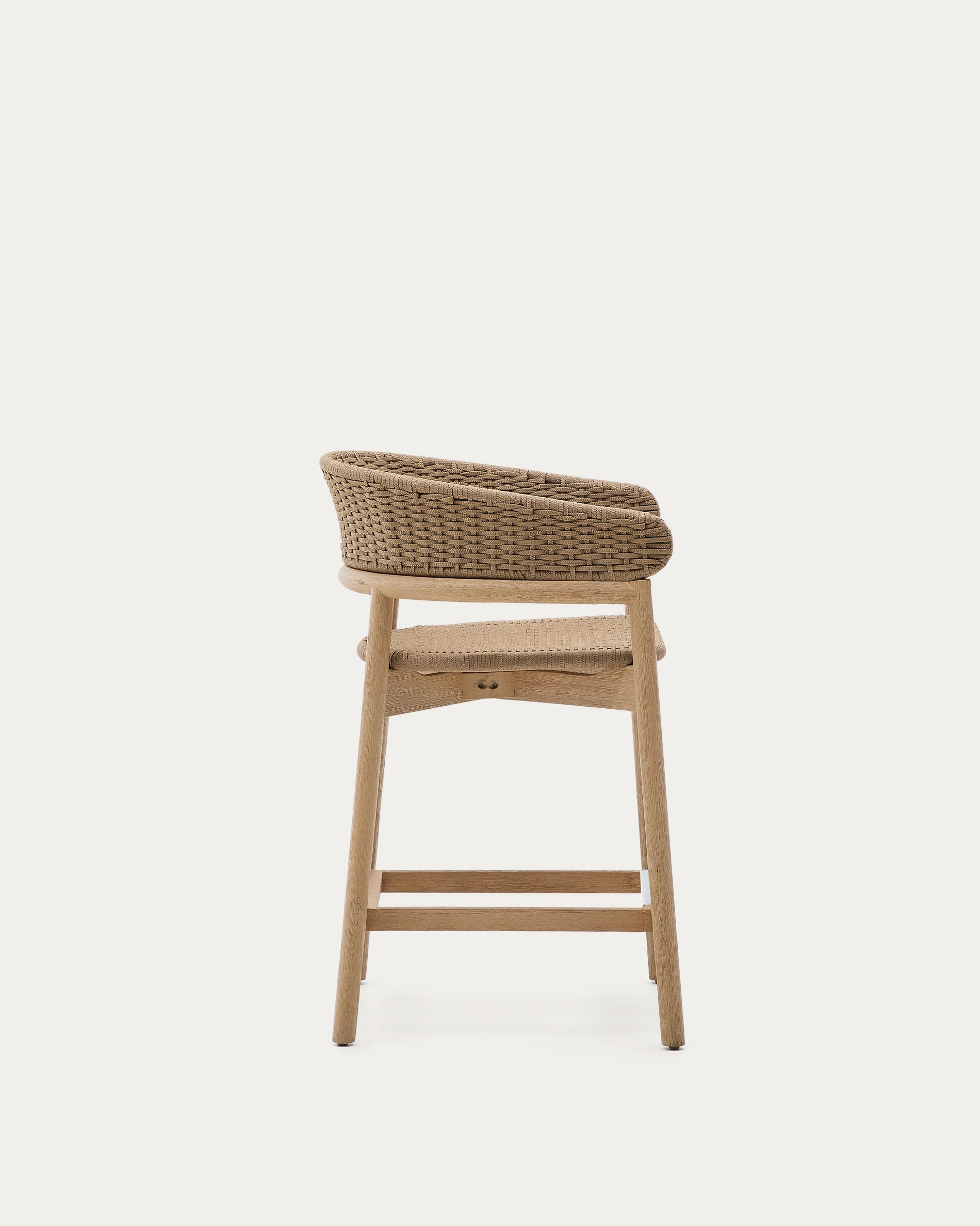 Hocker Arinella aus Akazienholz mit natürlichem Finish und beige Seil, stilvoll und robust, ideal für jedes Interieur.