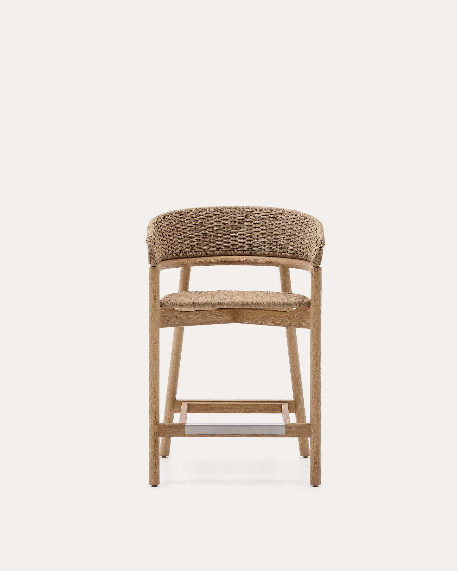 Hocker Arinella aus Akazienholz mit natürlichem Finish und beigem Seil, stilvoll und funktional für jeden Wohnraum.