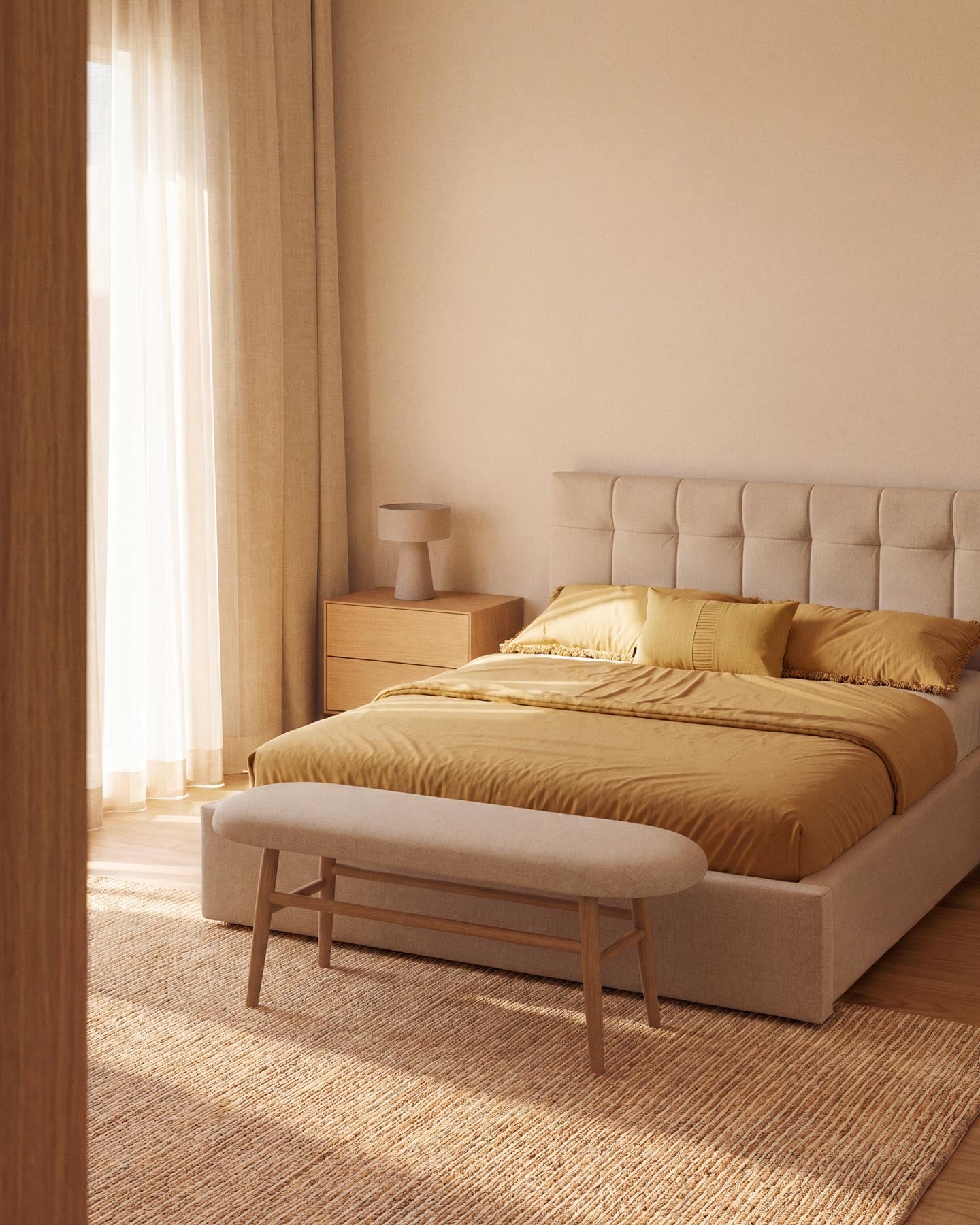 Bank Helda in beiger Chenille und massivem Eichenholz, FSC Mix Credit, 122 cm in Beige präsentiert im Onlineshop von KAQTU Design AG. Sitzbank ist von Kave Home