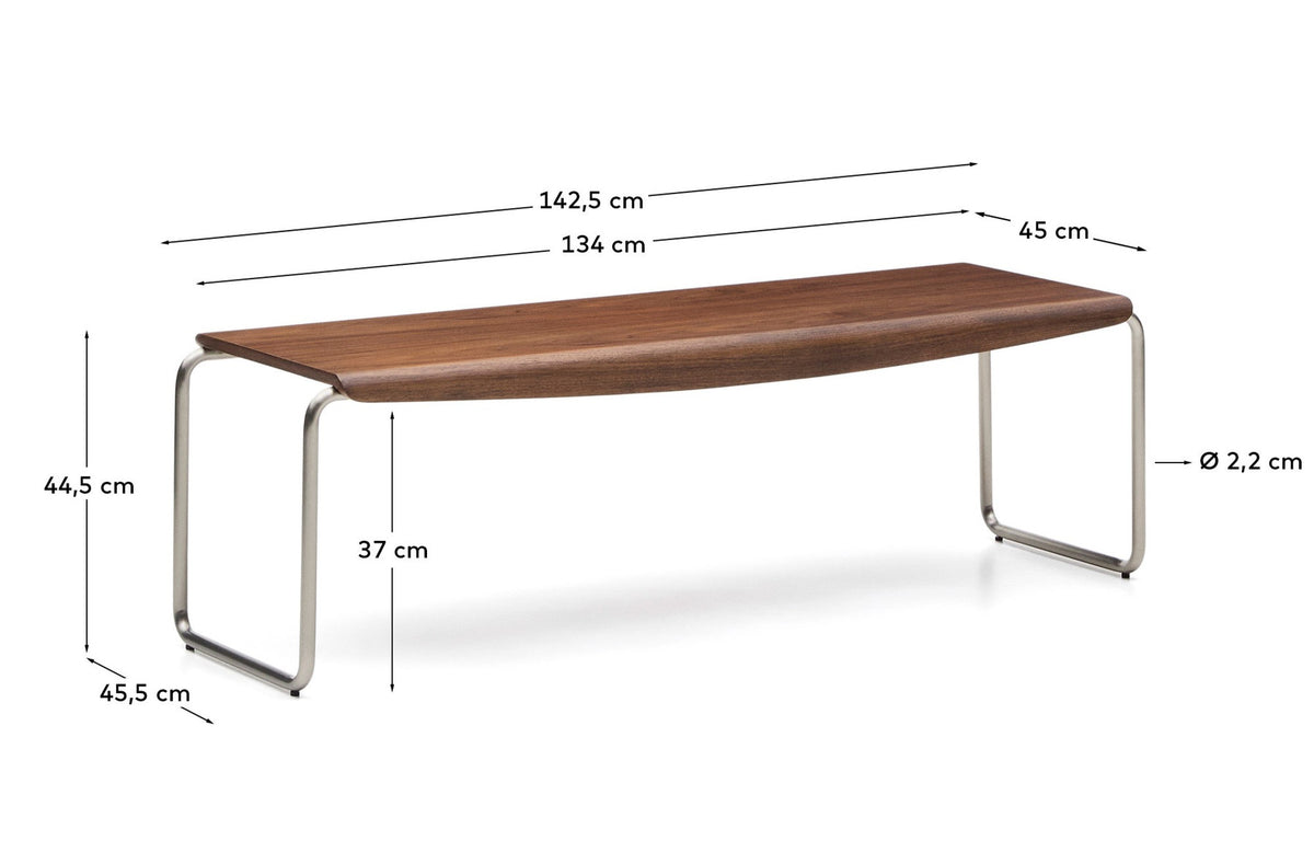 Bank Tarsel aus Nussbaumfurnier mit Gestell aus gebürstetem Edelstahl 142 cm FSC 100% in Dunkelbraun präsentiert im Onlineshop von KAQTU Design AG. Sitzbank ist von Kave Home