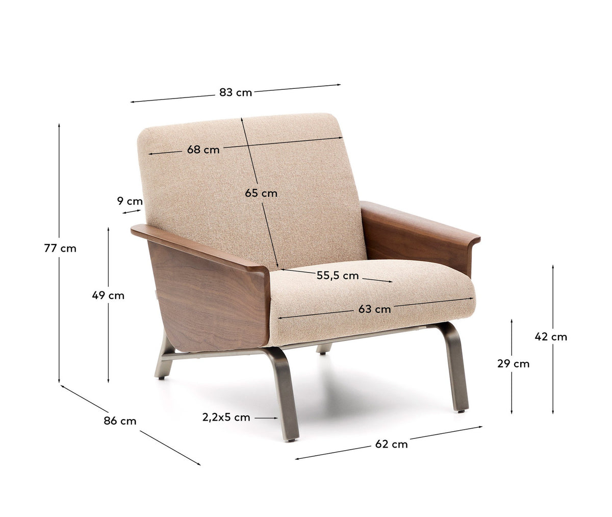 Sessel Amsen in Hellbraun aus Nussbaumsperrholz und Beinen aus em gebürsteten Edelstahl in Hellbraun präsentiert im Onlineshop von KAQTU Design AG. Sessel ist von Kave Home