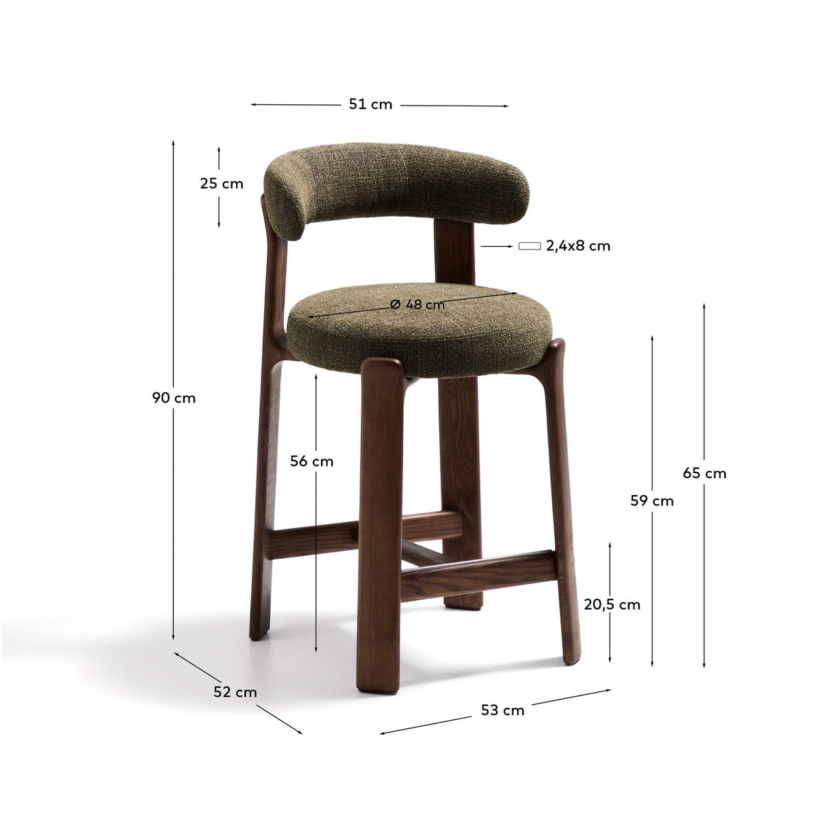 Hocker Granite aus grüner Chenille und massivem Eschenholz mit walnussholzfarbenem Finish, FSC 100%, 65 cm in Grün präsentiert im Onlineshop von KAQTU Design AG. Barstuhl ist von Kave Home