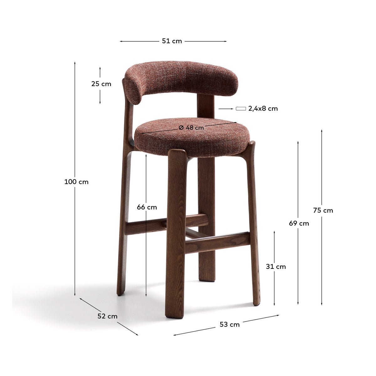 Hocker Granite aus brauner Chenille und massivem Eschenholz mit walnussholzfarbenem Finish, FSC 100%, 75 cm in Braun präsentiert im Onlineshop von KAQTU Design AG. Barstuhl ist von Kave Home