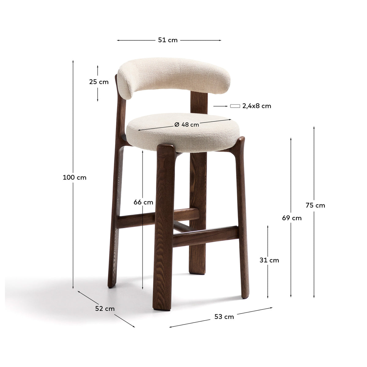 Hocker Granite aus beigefarbener Chenille und massivem Eschenholz mit walnussholzfarbenem Finish, FSC 100%, 75 cm in Beige präsentiert im Onlineshop von KAQTU Design AG. Barstuhl ist von Kave Home