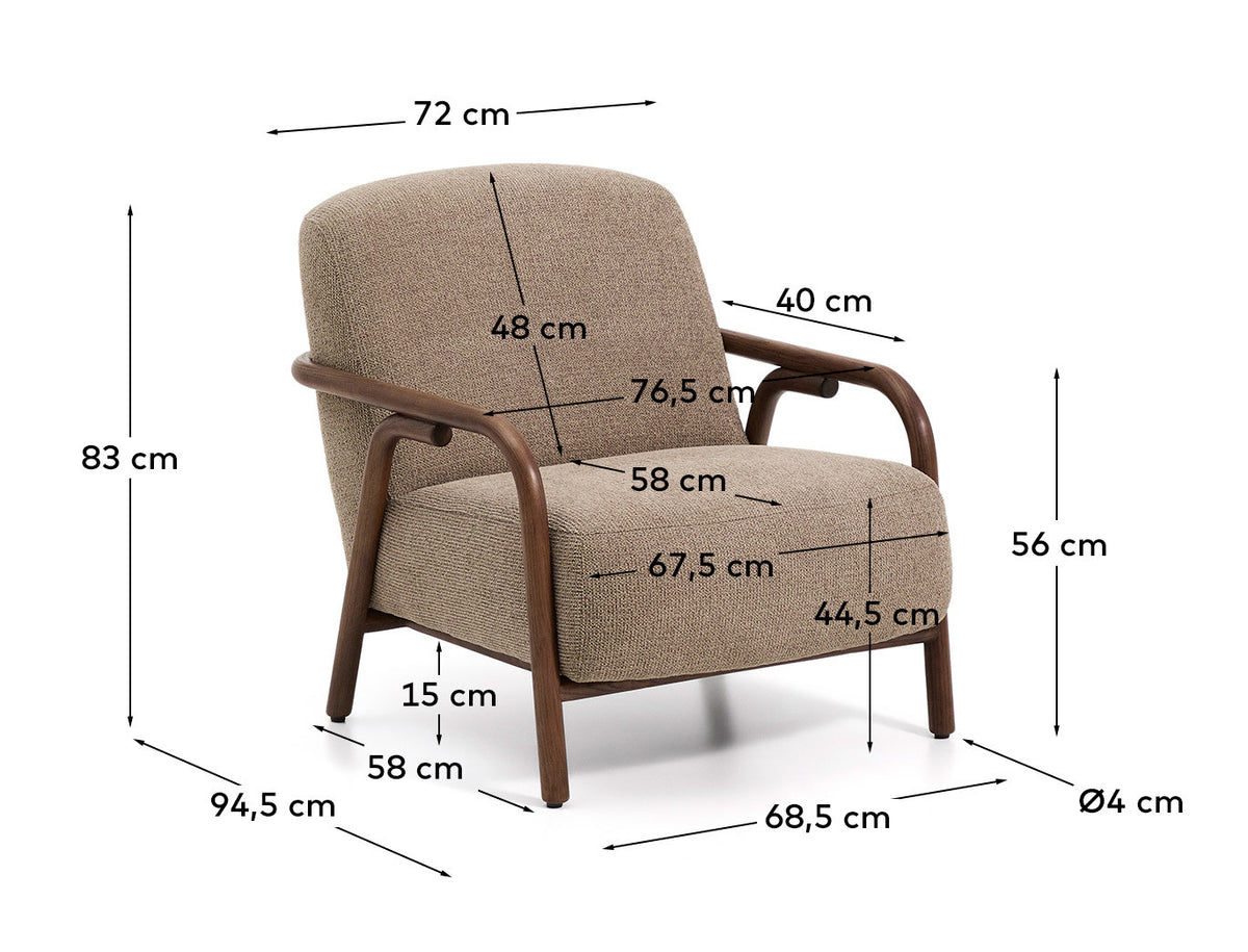 Sessel Sylo aus taupefarbener Chenille und massivem Eschenholz mit nussbaumfarbenem Finish, FSC 100 % in Taupe präsentiert im Onlineshop von KAQTU Design AG. Sessel ist von Kave Home
