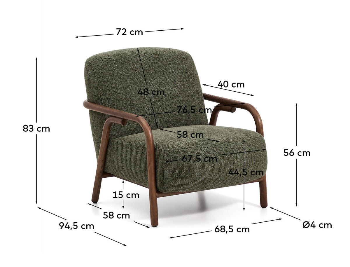 Sessel Sylo aus dunkelgrüner Chenille und massivem Eschenholz mit nussbaumfarbenem Finish, FSC 100 % in Dunkelgrün präsentiert im Onlineshop von KAQTU Design AG. Sessel ist von Kave Home