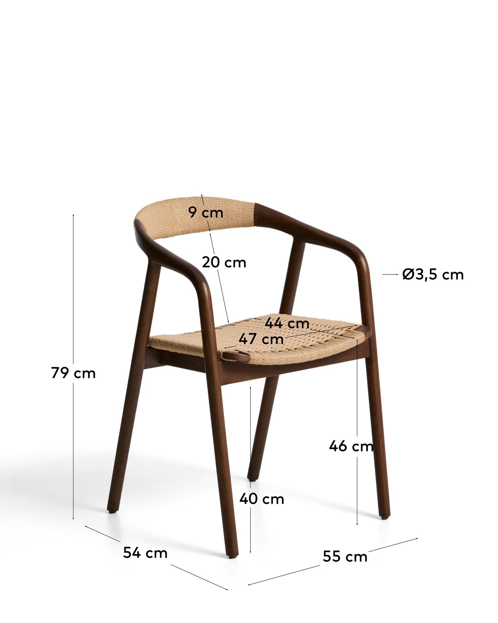 Stuhl Derile aus massivem Eichenholz mit Nussbaum-Finish und beigem Papierseil 100% FSC in Beige präsentiert im Onlineshop von KAQTU Design AG. Stuhl mit Armlehne ist von Kave Home