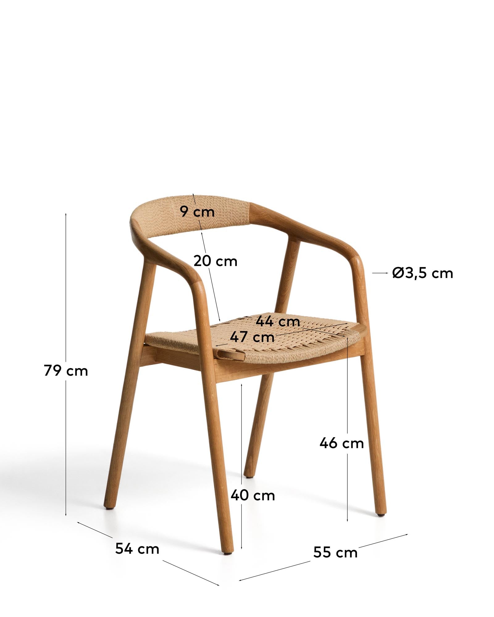 Stuhl Derile aus massivem Eichenholz mit natürlichem Finish und beigem Papierseil, perfekt für moderne und gemütliche Einrichtungen.