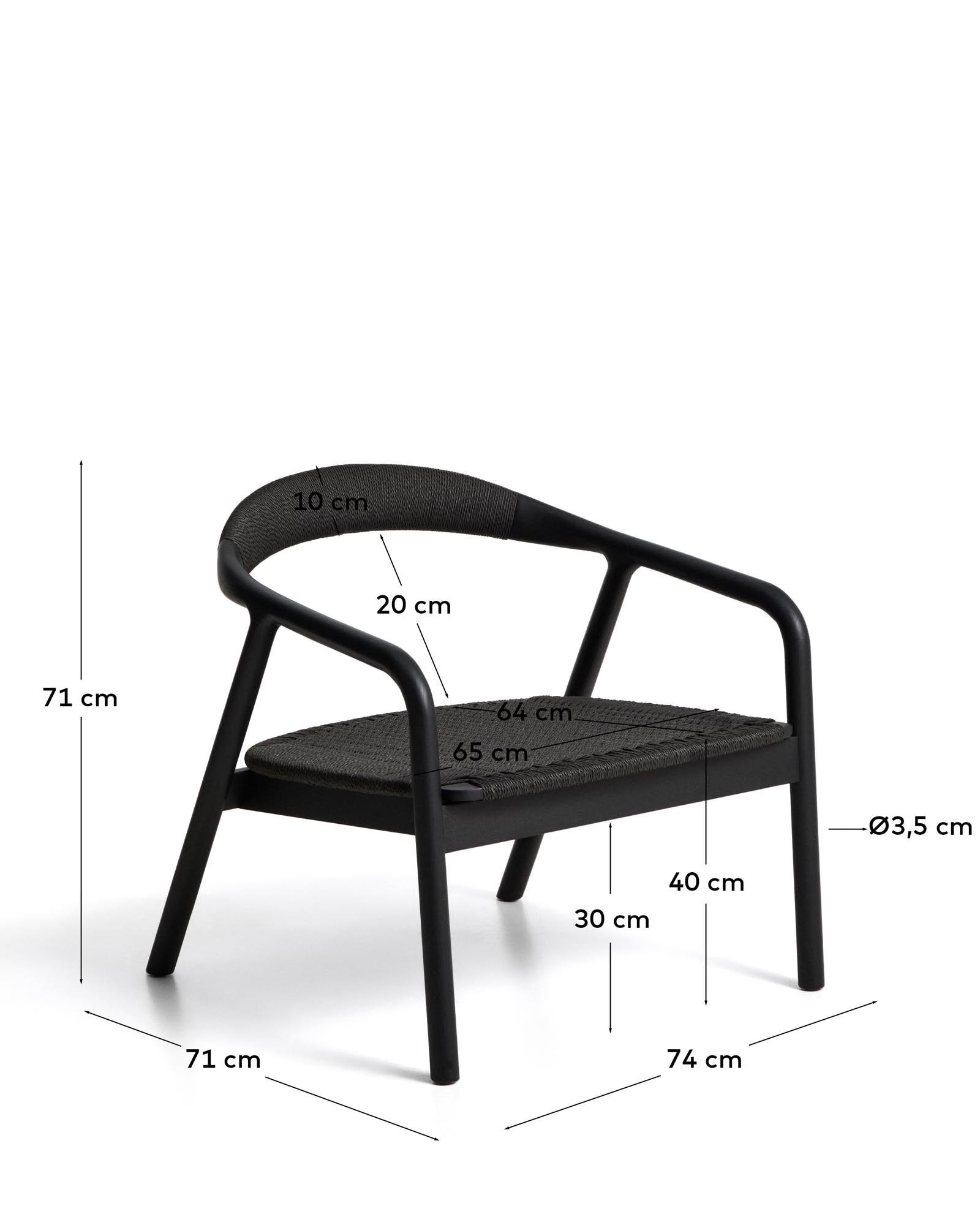 Eleganter Sessel Derile aus robustem Eichenholz mit stilvollem schwarzem Finish und hochwertigem Papierseil, ideal für modernes Wohnen.