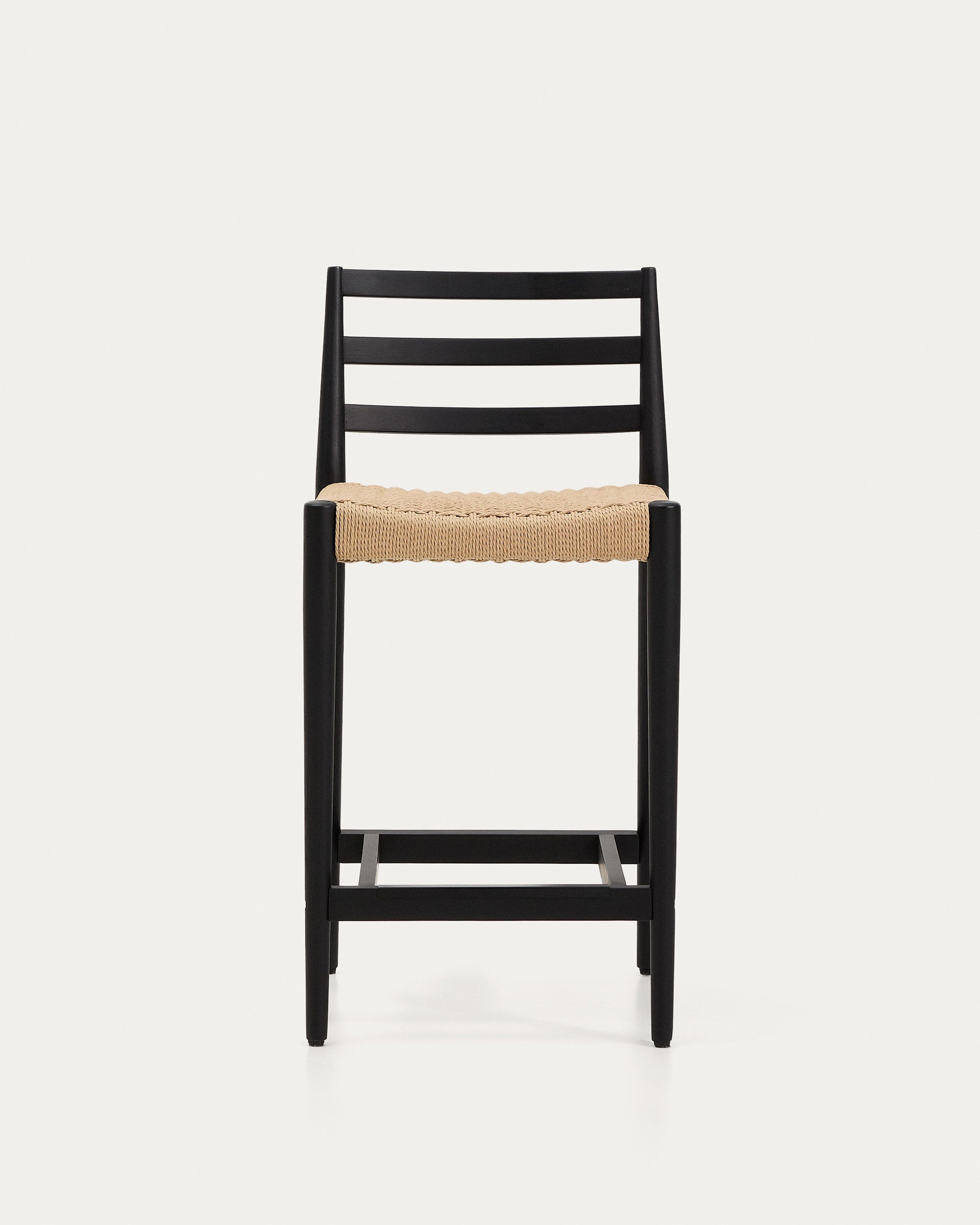 Stylischer Analy Barhocker mit Rückenlehne aus robustem Eichenholz, elegantem schwarzen Finish und komfortabler Seilsitzfläche – perfekt für jeden Raum!