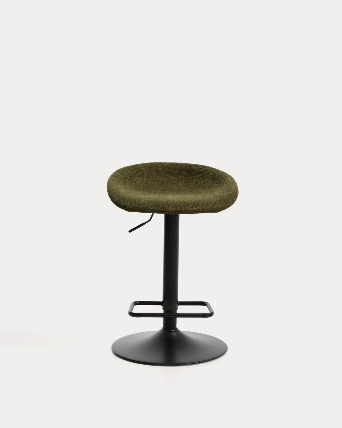 Runder Hocker mit grünem Chenillebezug, schwarzem Stahlfuss und rechteckiger Fussablage, Sitzhöhe verstellbar von 68 bis 89 cm.