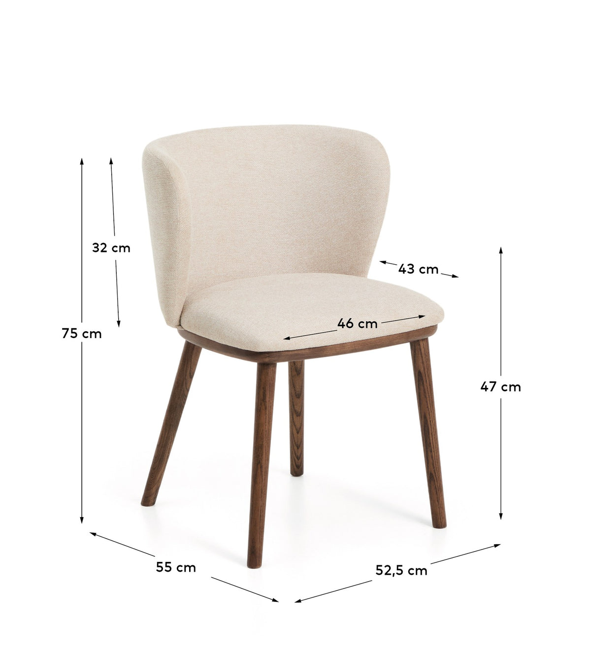 Stuhl Ciselia mit beigem Chenillebezug, gepolsterter Sitzfläche und Rückenlehne sowie Beinen aus massivem Eschenholz mit Walnuss-Finish.