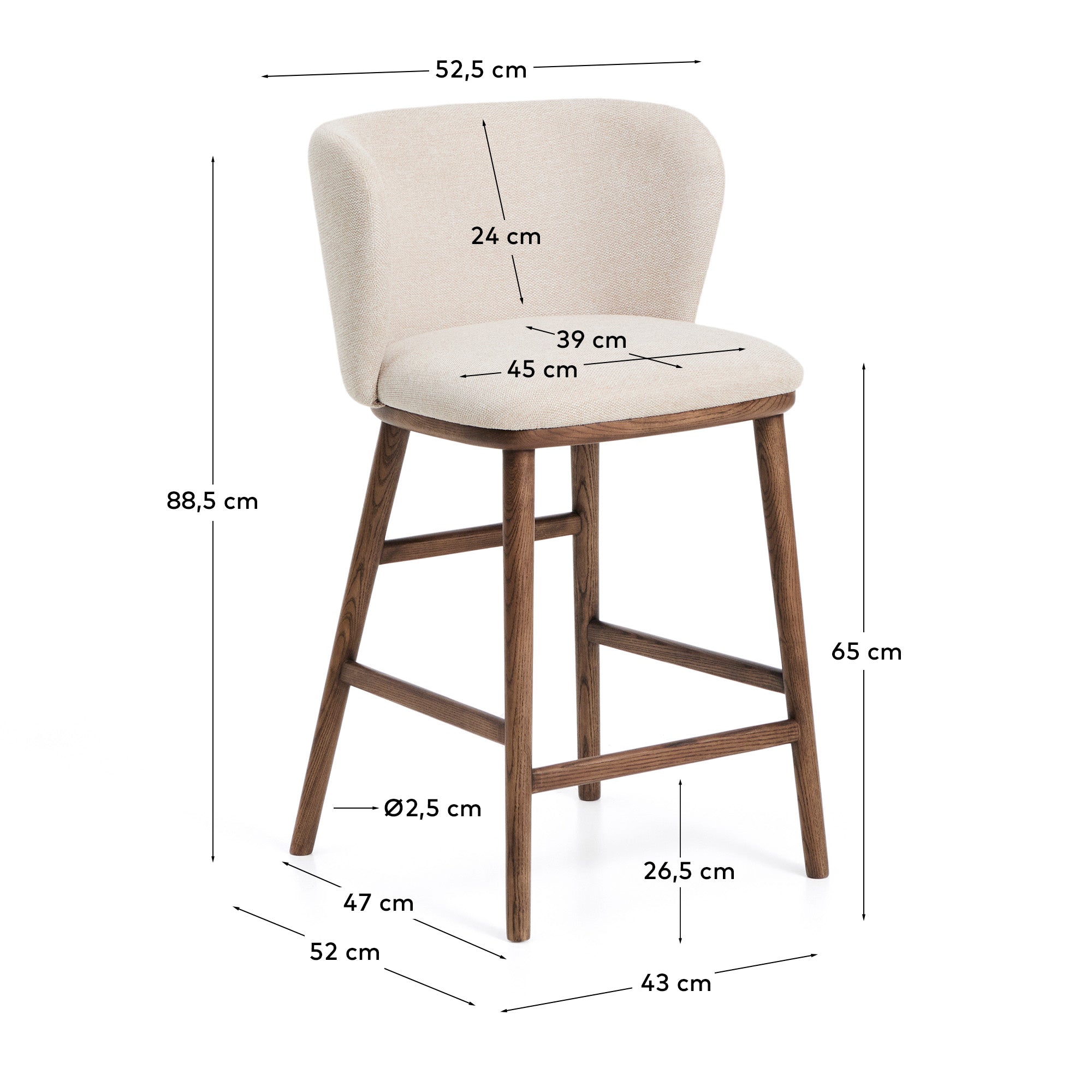 Eleganter Hocker Ciselia in beigem Chenille, ausgestattet mit stabilen Eschenholzbeinen in edler Walnussholz-Färbung, ideal für stilvolle Bars.
