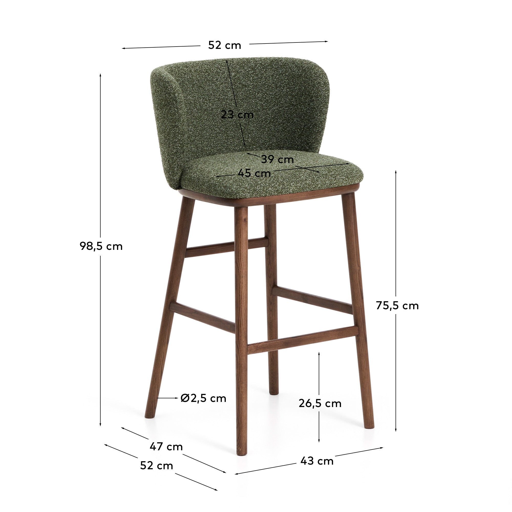 Stilvoller Hocker Ciselia in tiefgrünem Chenille, mit robusten Eschenholzbeinen in edler Walnussholzfarbe, perfekt für moderne Barbereiche.