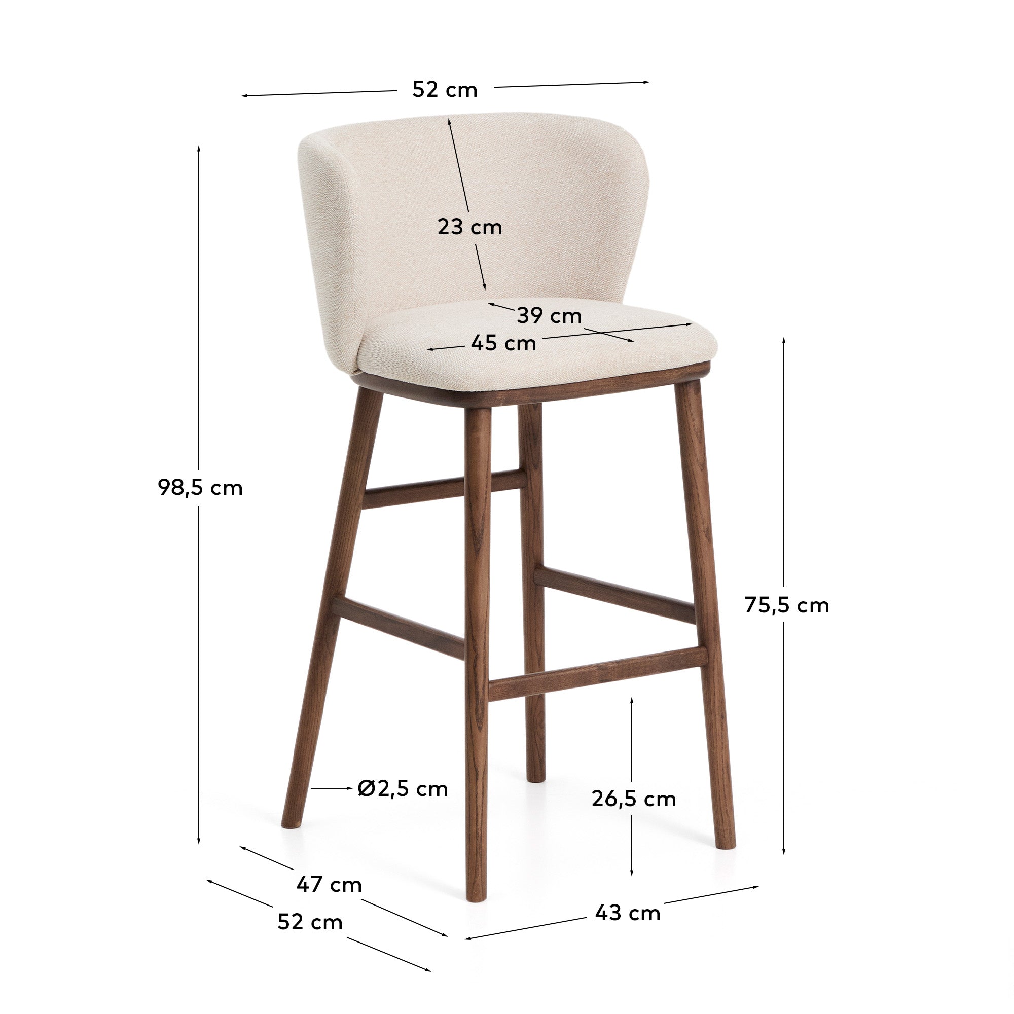 Beiger Chenille-Hocker Ciselia mit robusten Eschenholzbeinen in Walnussholzfarbe, perfekt für moderne Barbereiche und stilvolle Akzente.