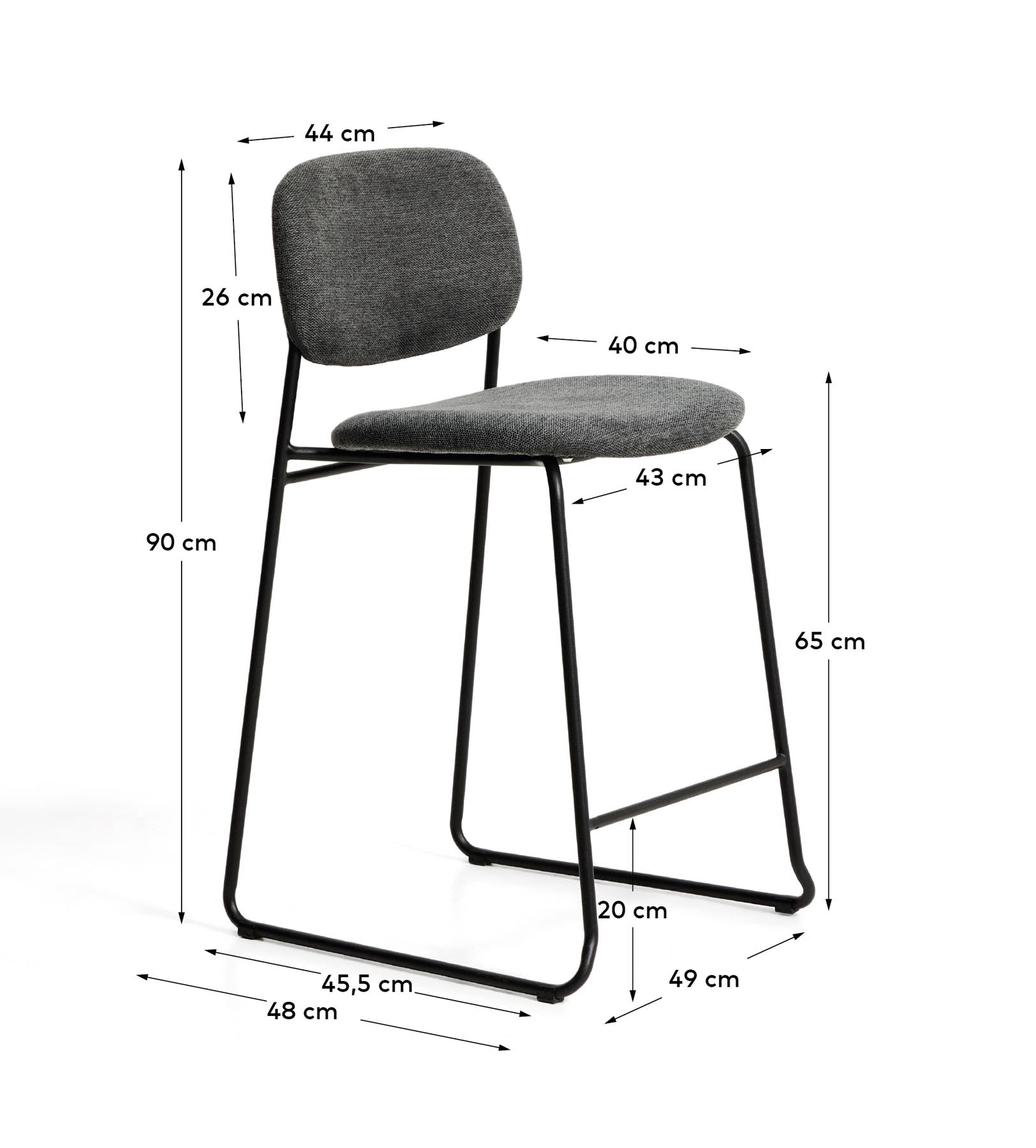 Stapelbarer Hocker Meli mit grauer Chenille und Beinen aus grauem Metall, FSC Mix Credit, 65 cm in Grau präsentiert im Onlineshop von KAQTU Design AG. Barhocker ist von Kave Home