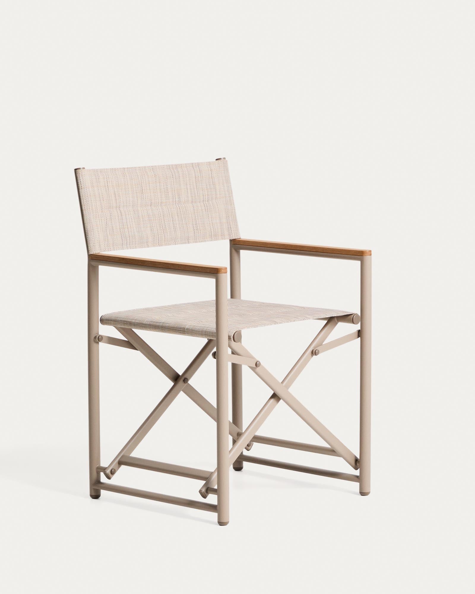 Outdoor-Klappstuhl Tisno aus taupefarbenem Aluminium und taupefarbenem Texteline in Ecru präsentiert im Onlineshop von KAQTU Design AG. Gartenstuhl mit Armlehnen ist von Kave Home