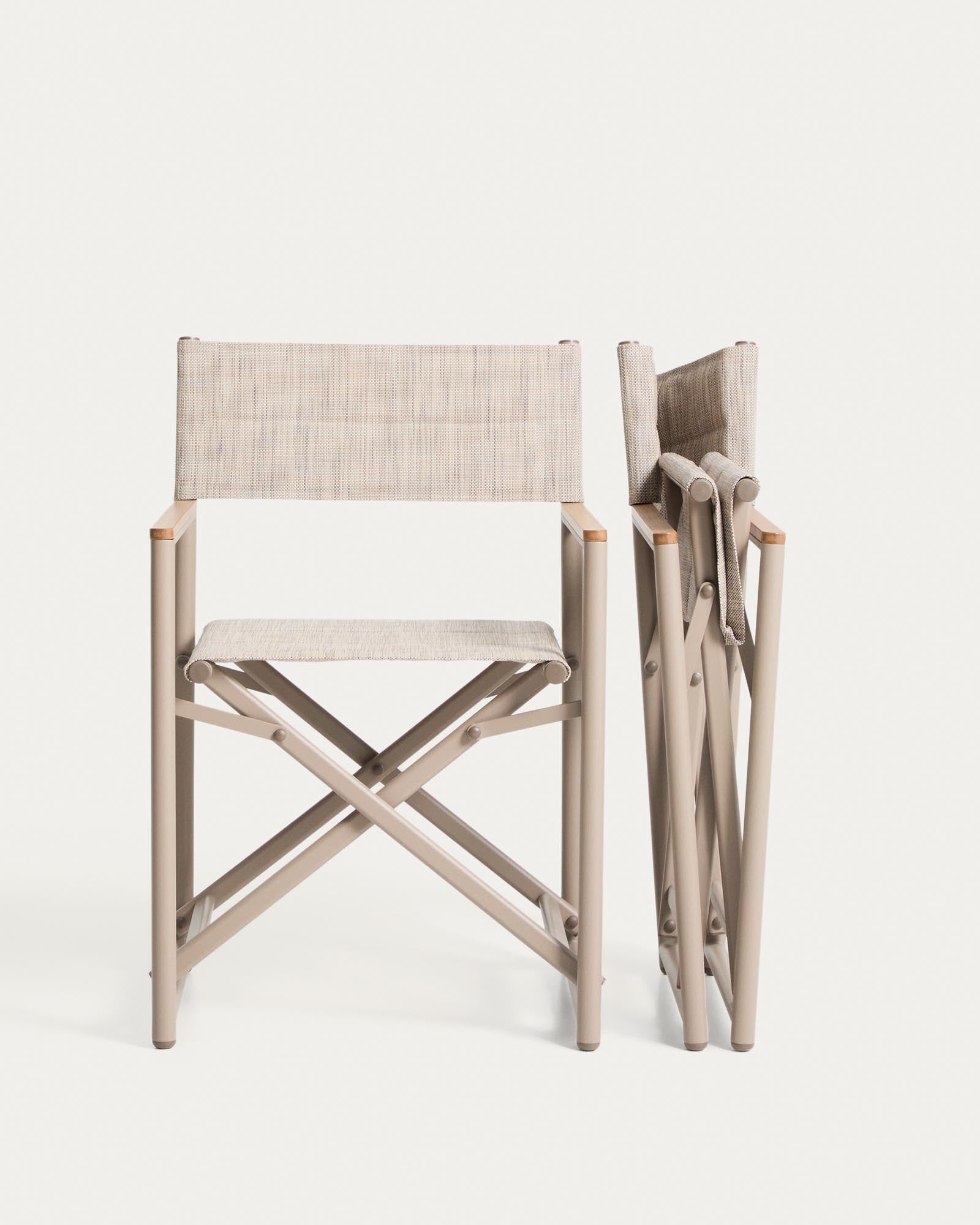 Eleganter Outdoor-Klappstuhl Tisno in taupe, gefertigt aus robustem Aluminium und pflegeleichtem Texteline, perfekt für Garten und Terrasse.