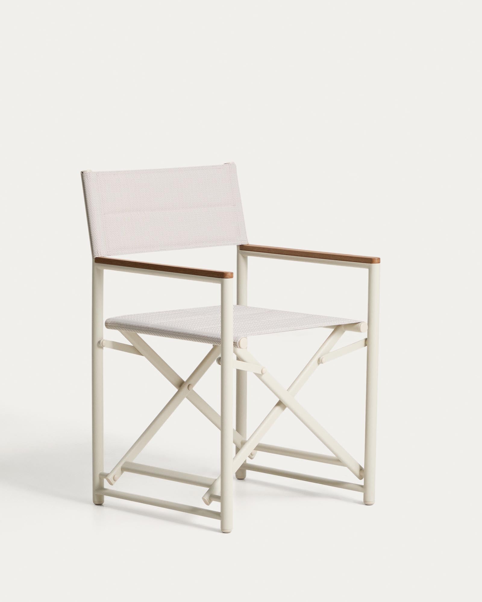 Outdoor-Klappstuhl Tisno aus ecrufarbenem Aluminium und ecrufarbenem Texteline in Taupe präsentiert im Onlineshop von KAQTU Design AG. Gartenstuhl mit Armlehnen ist von Kave Home