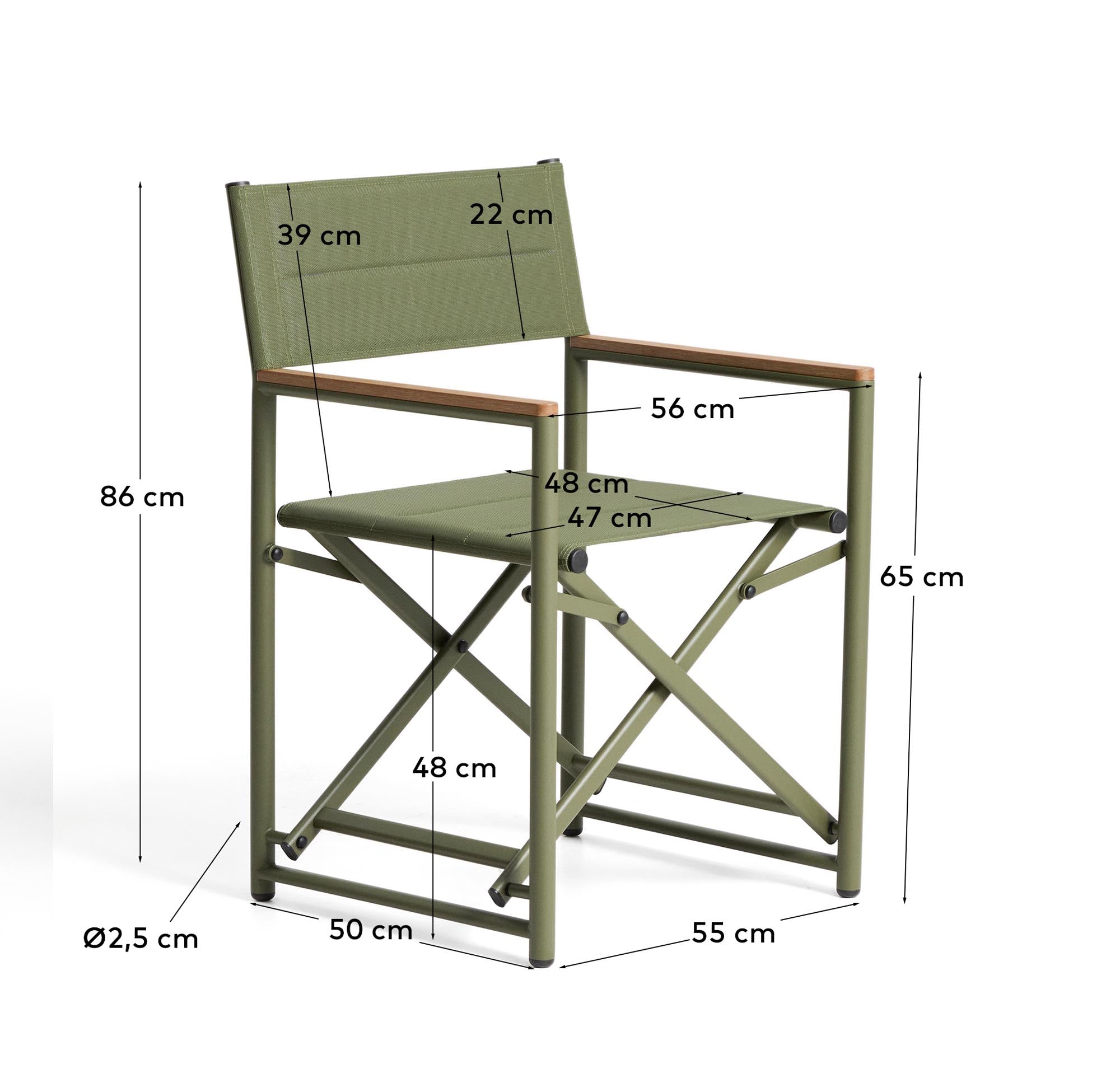 Stylischer Klappstuhl Tisno in elegantem Grünton, gefertigt aus robustem Aluminium und pflegeleichtem Textiline, ideal für Garten und Terrasse.