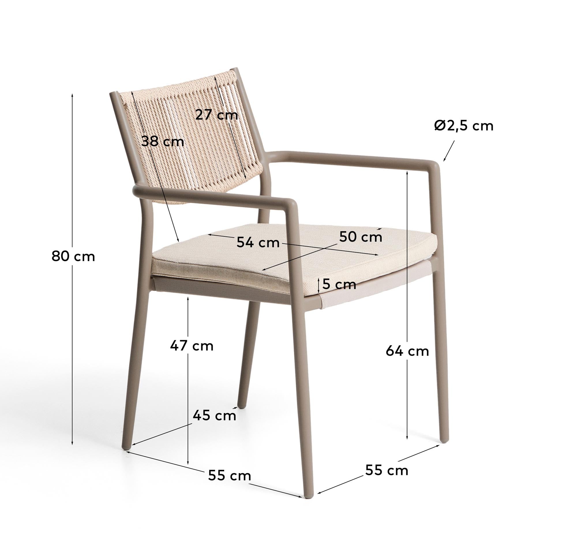 Stapelbarer Outdoor-Stuhl Argasi in Taupe und Beige, gefertigt aus Aluminium und robustem Synthetikseil, ideal für Garten und Terrasse.