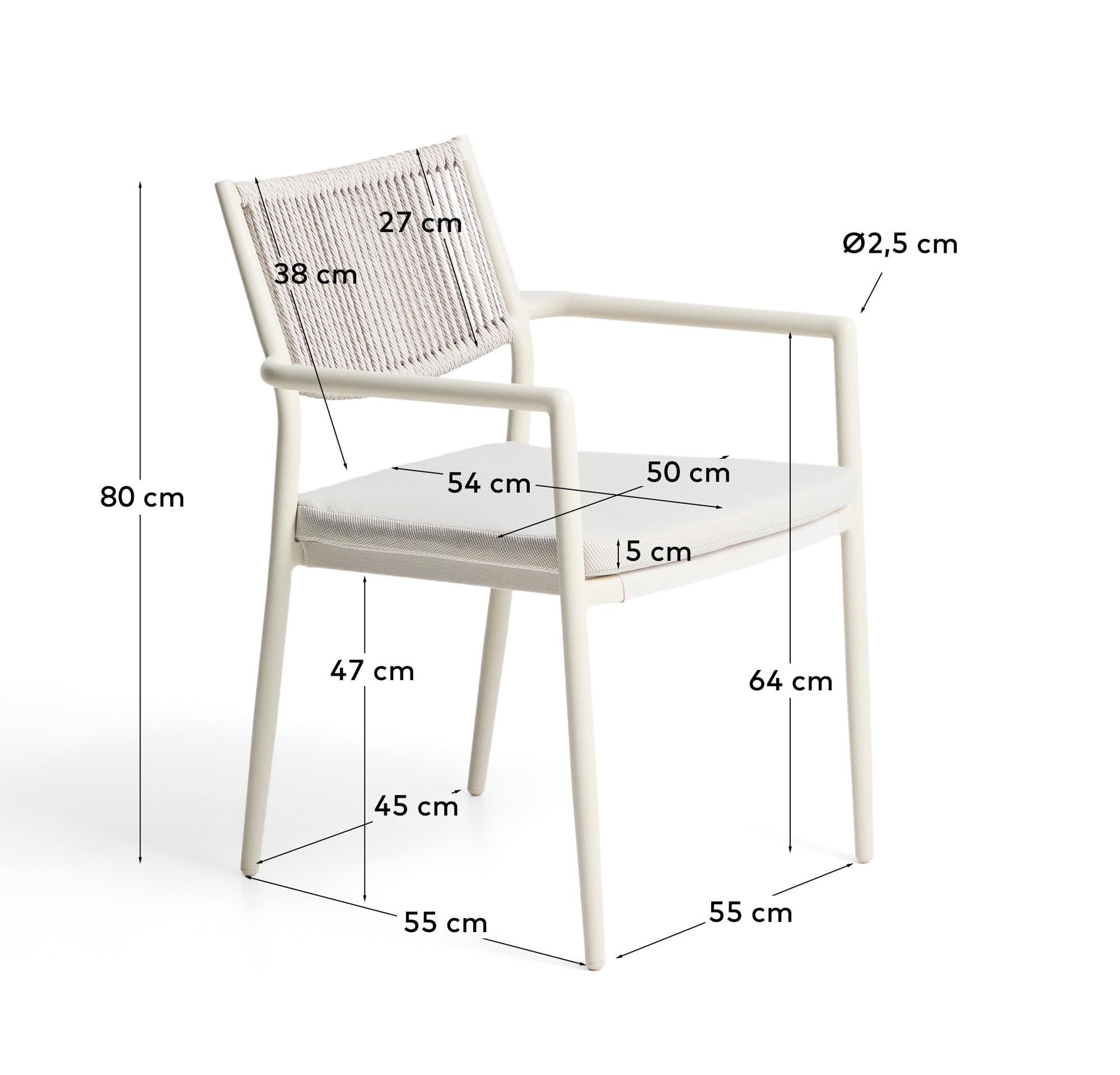 Stapelbarer Outdoor-Stuhl Argasi in Ecru mit grauem Synthetikseil, ideal für stilvolle Gartenmöbel und entspannte Stunden im Freien.