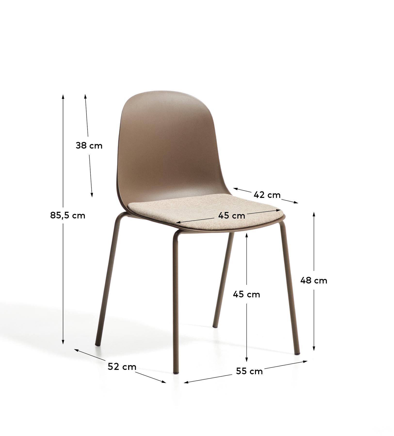 Stuhl Debari mit Chenille-Kissen und Stahlbeinen mit braunem Finish in Braun präsentiert im Onlineshop von KAQTU Design AG. Stuhl ist von Kave Home