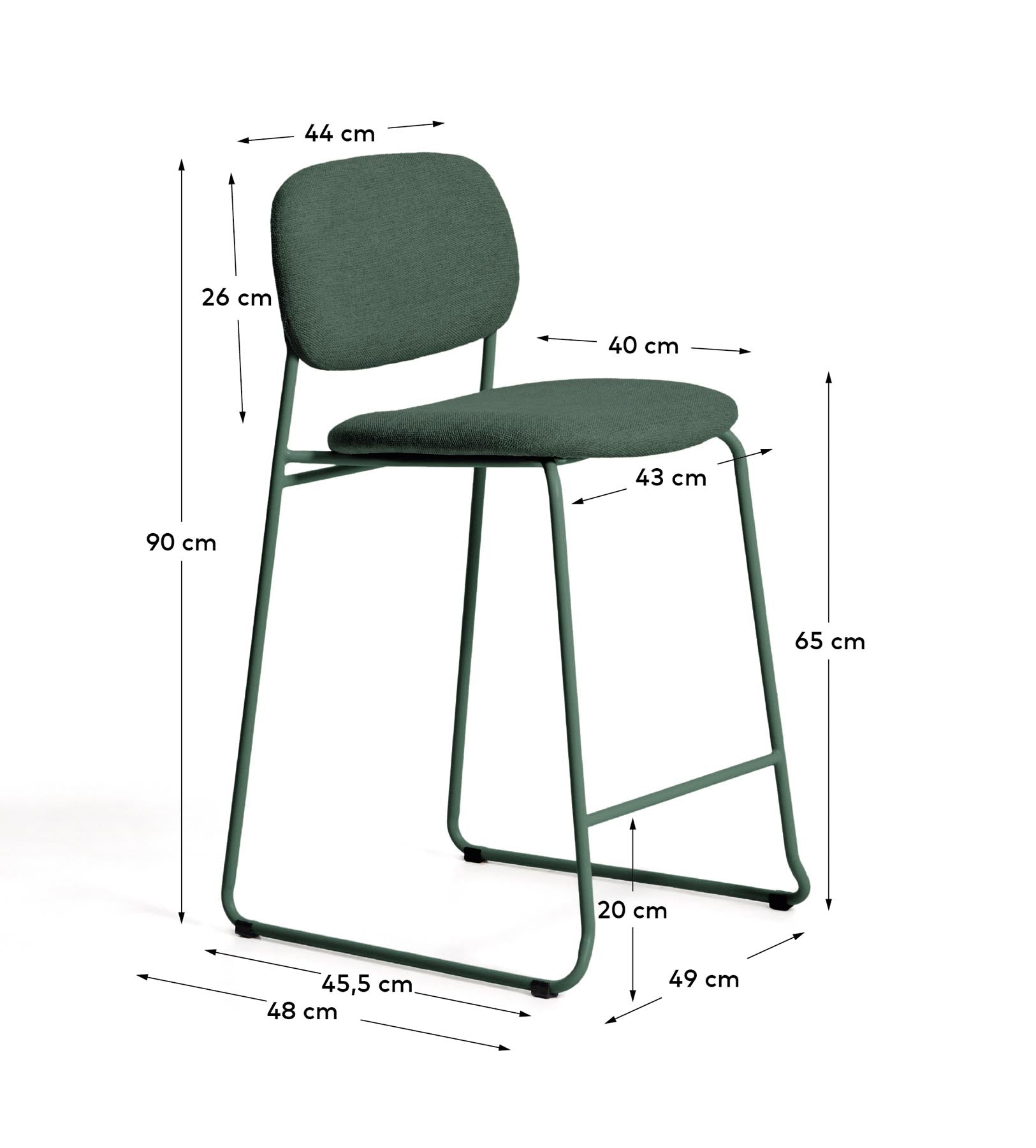 Stapelbarer Hocker Meli mit grüner Chenille und Beinen aus grünem Metall, FSC Mix Credit, 65 cm in Grün präsentiert im Onlineshop von KAQTU Design AG. Barhocker ist von Kave Home