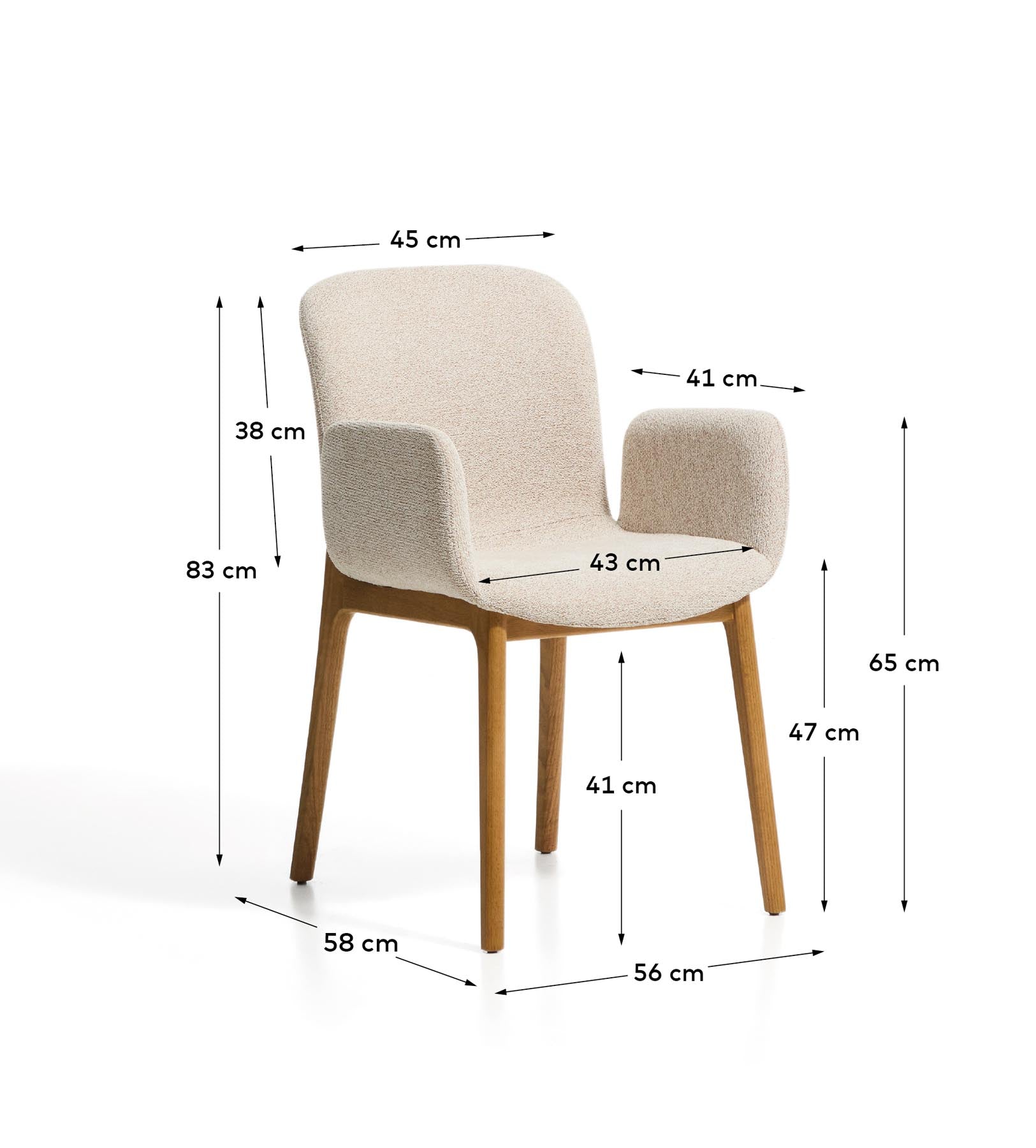 Stuhl Elnor mit Armlehnen aus beiger Chenille und Beinen aus massivem Eichenholz mit Finish in natürlichem Farbton in Beige präsentiert im Onlineshop von KAQTU Design AG. Stuhl ist von Kave Home