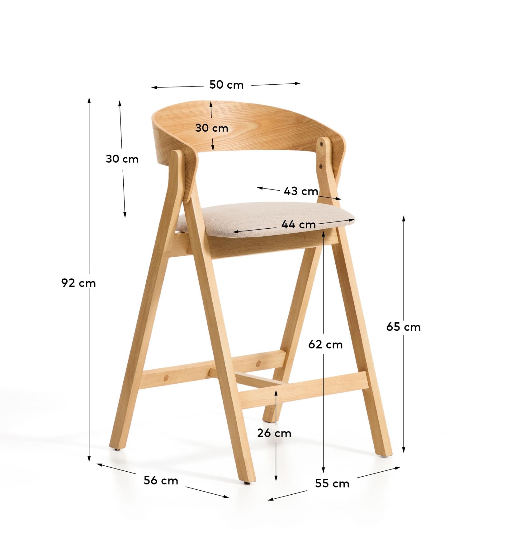 Hocker Godia aus Eichenfurnier mit naturfarbenem Finish und beiger Chenille in Beige präsentiert im Onlineshop von KAQTU Design AG. Barhocker ist von Kave Home